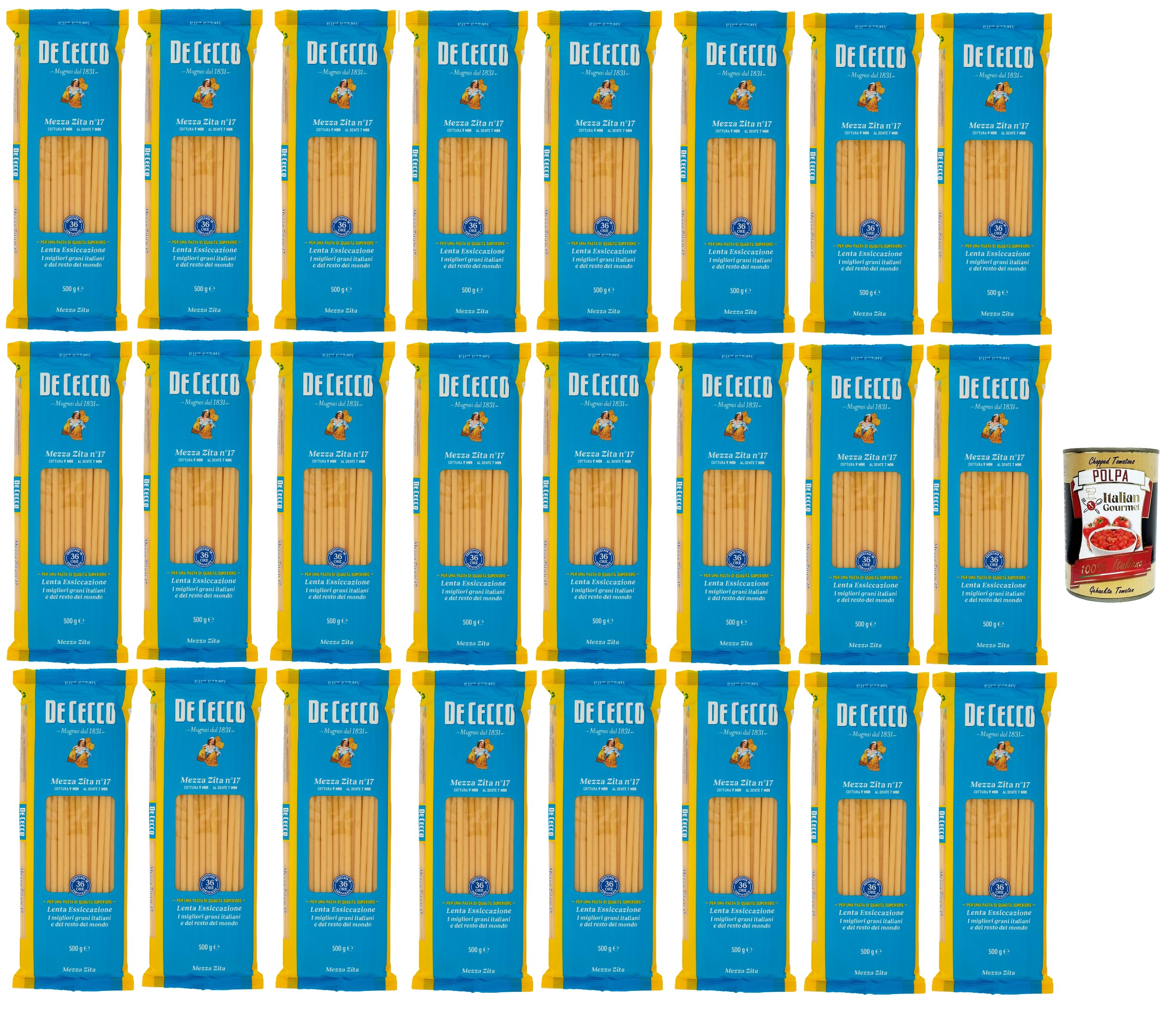 De Cecco Mezza Zita n°17, pasta de trigo duro 24 x 500 g - secado lento, sujeción perfecta para cocinar - cocción 9 min (al dente 7 min) - Fabricado en Italia + Italian Gourmet Polpa 400 g