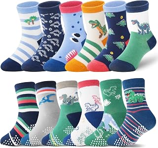ANTSANG Toddlers Boys Girls Grip Socks,Baby Kids Crew Cotton Socks,12 Pairs | Smooth Toe, High Elasticity, Soft Touching, Breathable, Moisture-Wicking, Fun Sweet Car Dinosaur, Non Slip Anti Skid Socks