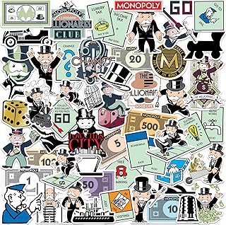 Monopoly 50 Count Vinyl Large Deluxe Stickers Variety Pack – Classic Board Game Icons, Money & Mr. Monopoly Decals for Laptop, Water Bottle, Scrapbooking, Tablet, Indoor & Outdoor Use