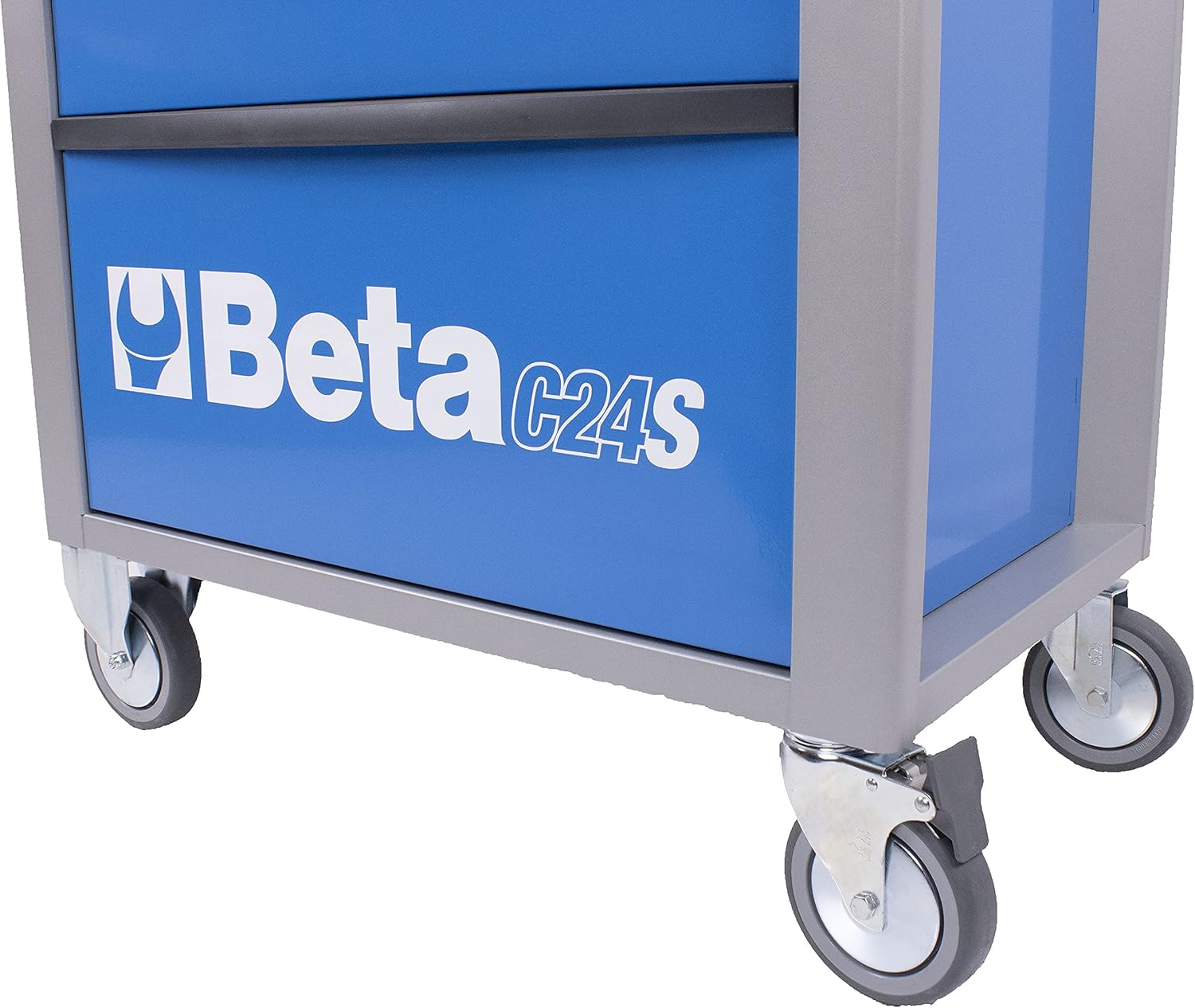 Close-up of the durable 125mm castors on the Beta tool cabinet, showing one with a brake engaged.