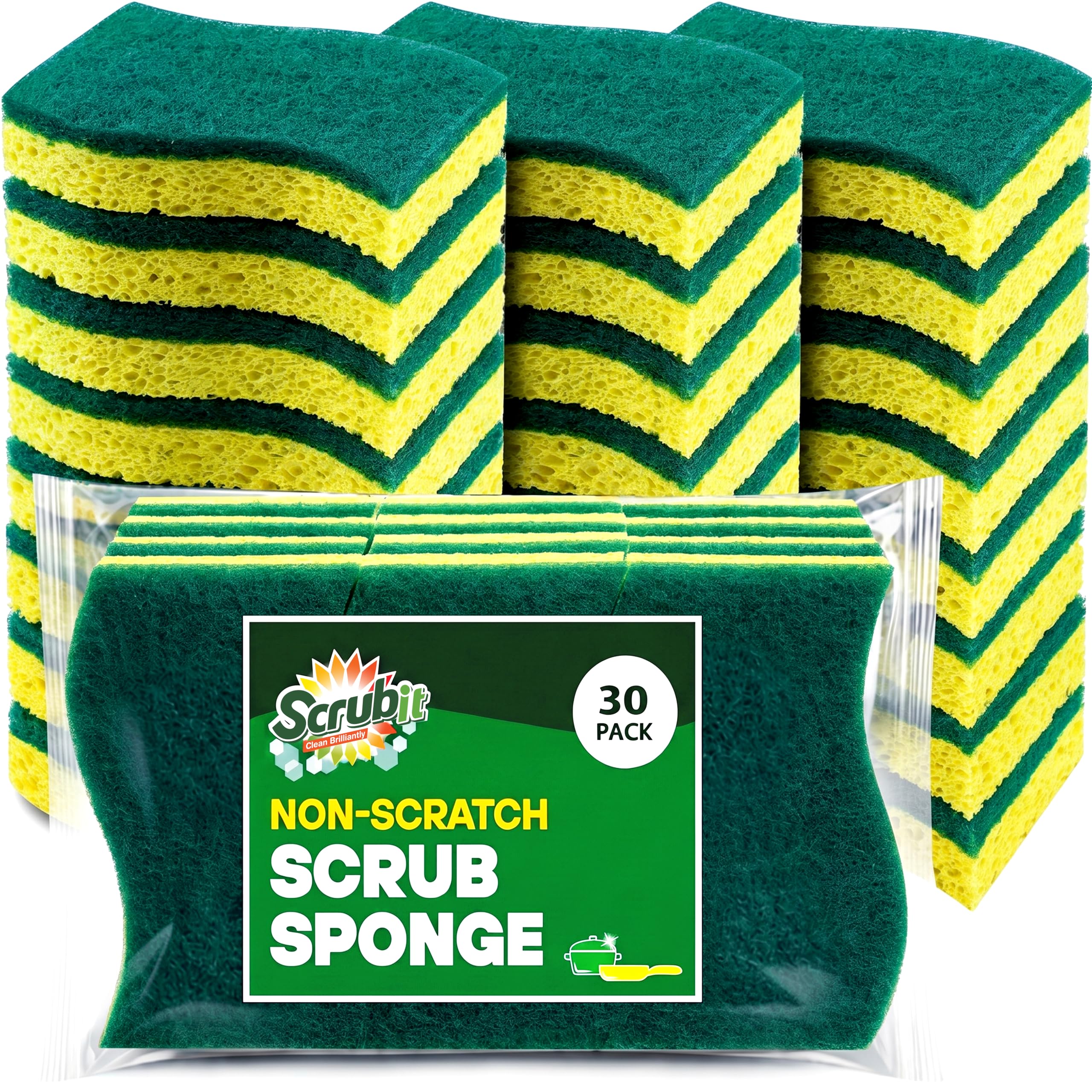 Scrubit Yellow Sponges Kitchen Heavy Duty Dish Sponge, 30 Pack Sponges For Dishes Along With A Tough Scouring Pad