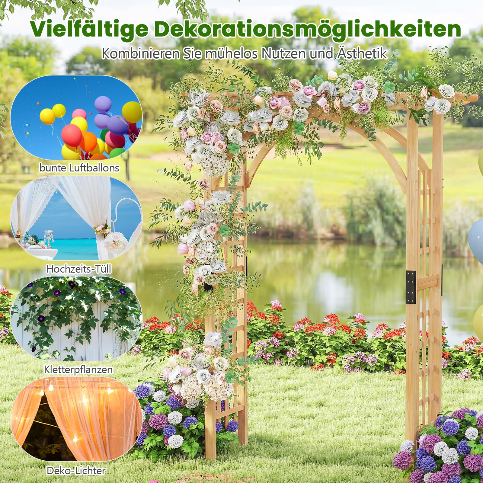 COSTWAY Rosenbogen Holz, Gartenbogen für Kletterpflanzen & hängende Körbe, Torbogen mit Dach, Rankhilfe Rankgitter Rankbogen, für Garten, Hochzeit, Party, Tannenholz, Natur, 160 x 60 x 213 cm
