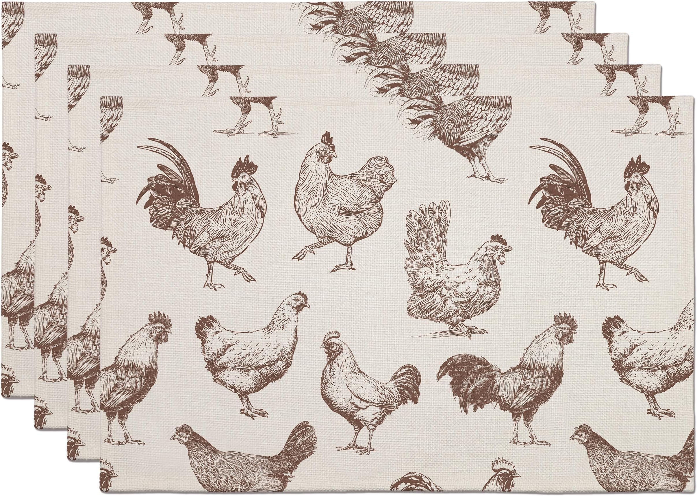 Rustic Chicken Rooster Farmhouse Placemats, Dining Table Mats Set of 4, Rooster Kitchen Decor Placemats, Country Kitchen Decor Home Decoration 12x18 Inch