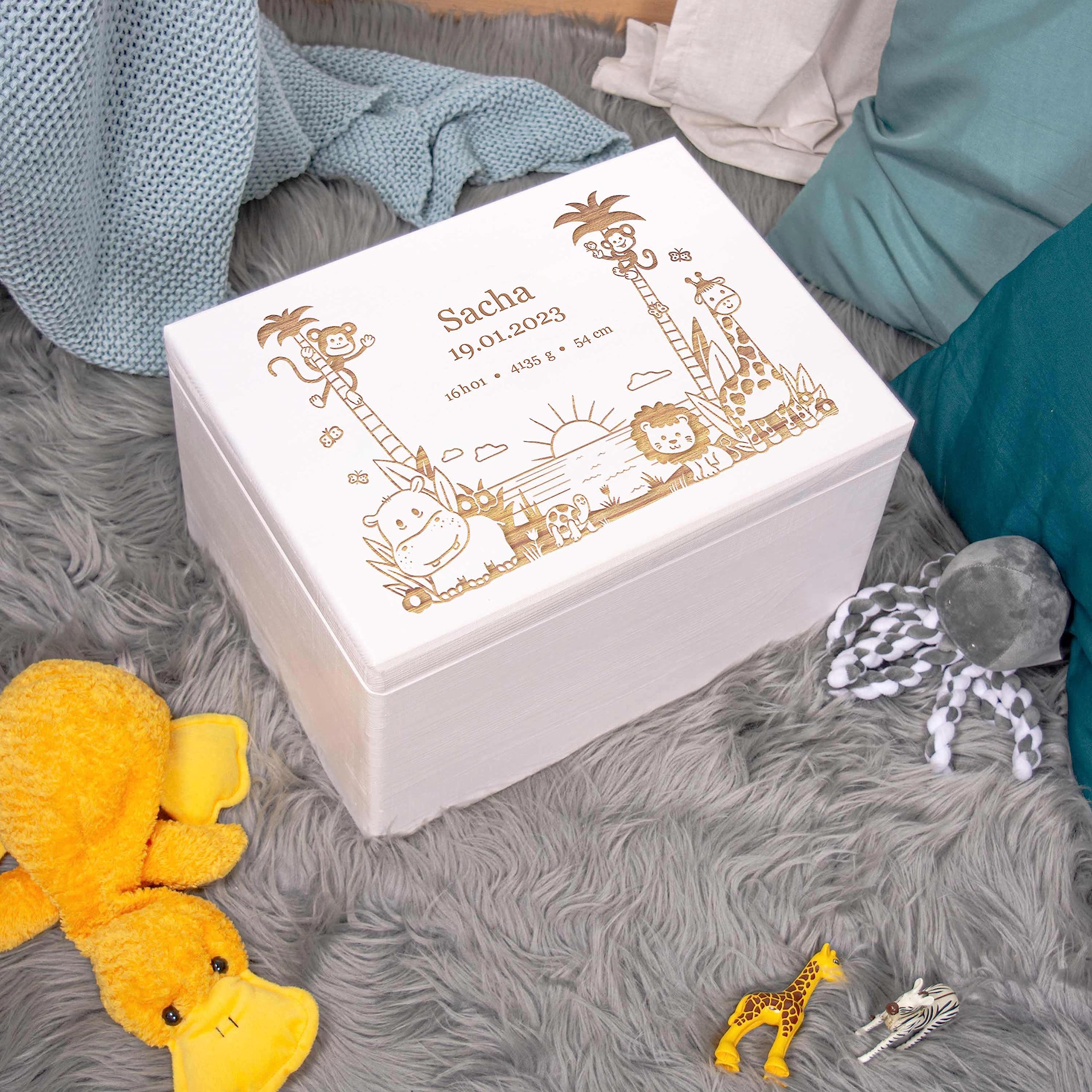 LAUBLUST Boîte à souvenir bébé - Jungle - Cadeau naissance personnalisable | Taille XL, env. 40x30x24cm, Blanc - Boîte décorative en bois avec couvercle, FSC®