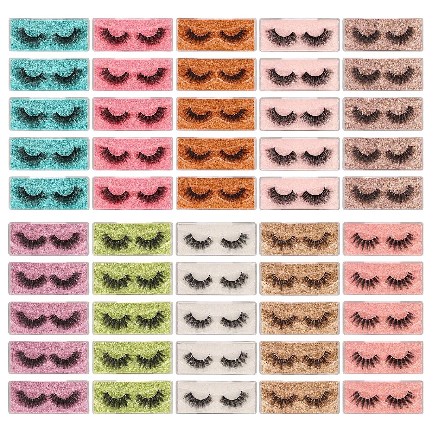 False Eyelashes 50 Pairs Faux Mink Lashes Bulk Wholesale 10 Styles Dramatic Fluffy Lashes Pack 18mm 20mm Mixed Soft Reusable Fake Eyelashes Bulk with Glitter Portable Boxes