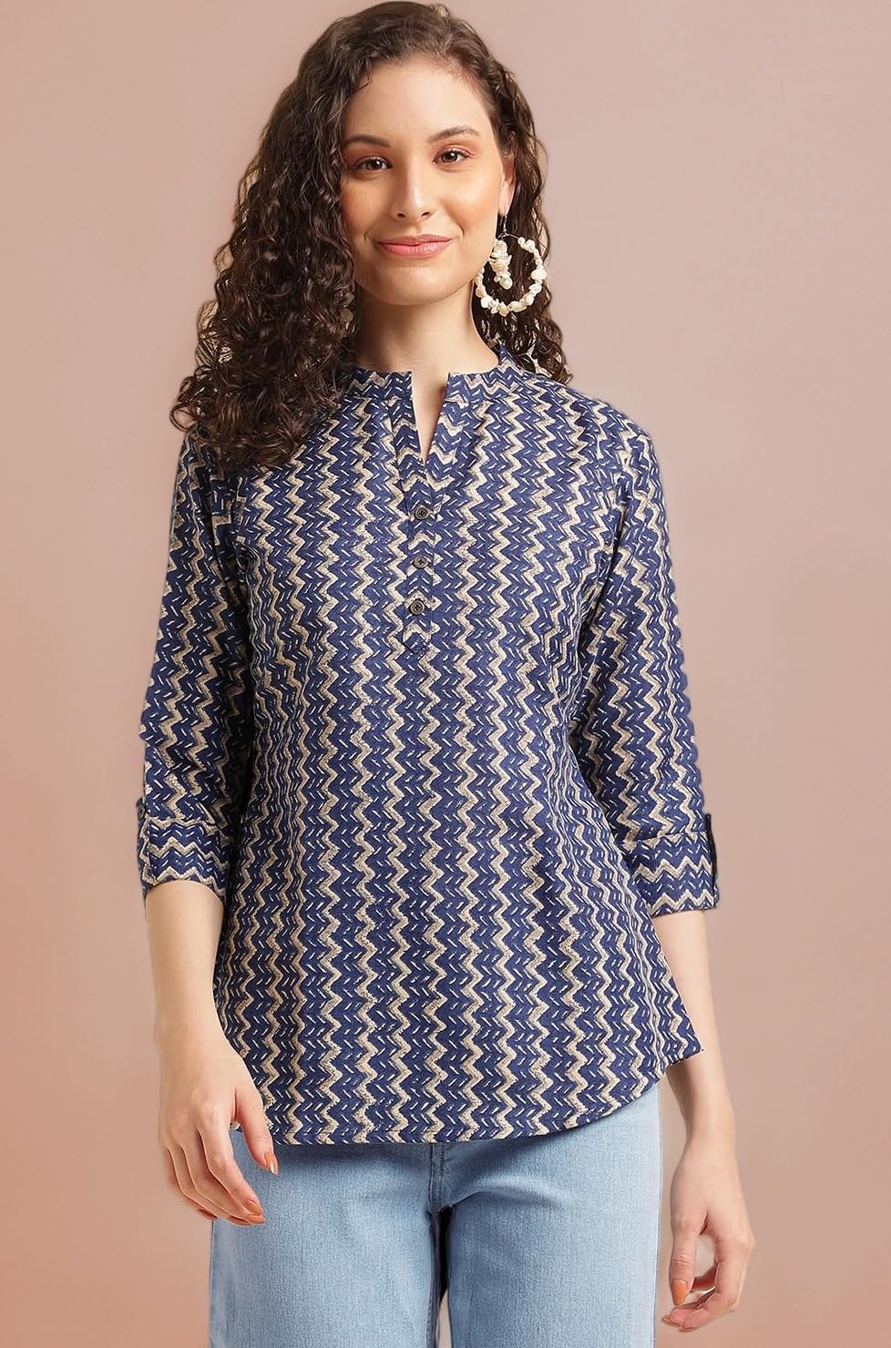 NAINVISH Tops for Women Printed Regular Fit Shirt, Tops for Women Stylish Latest|Office Wear Tops for Women|Cotton Blend Tops for Women|Mandarin Collar Top