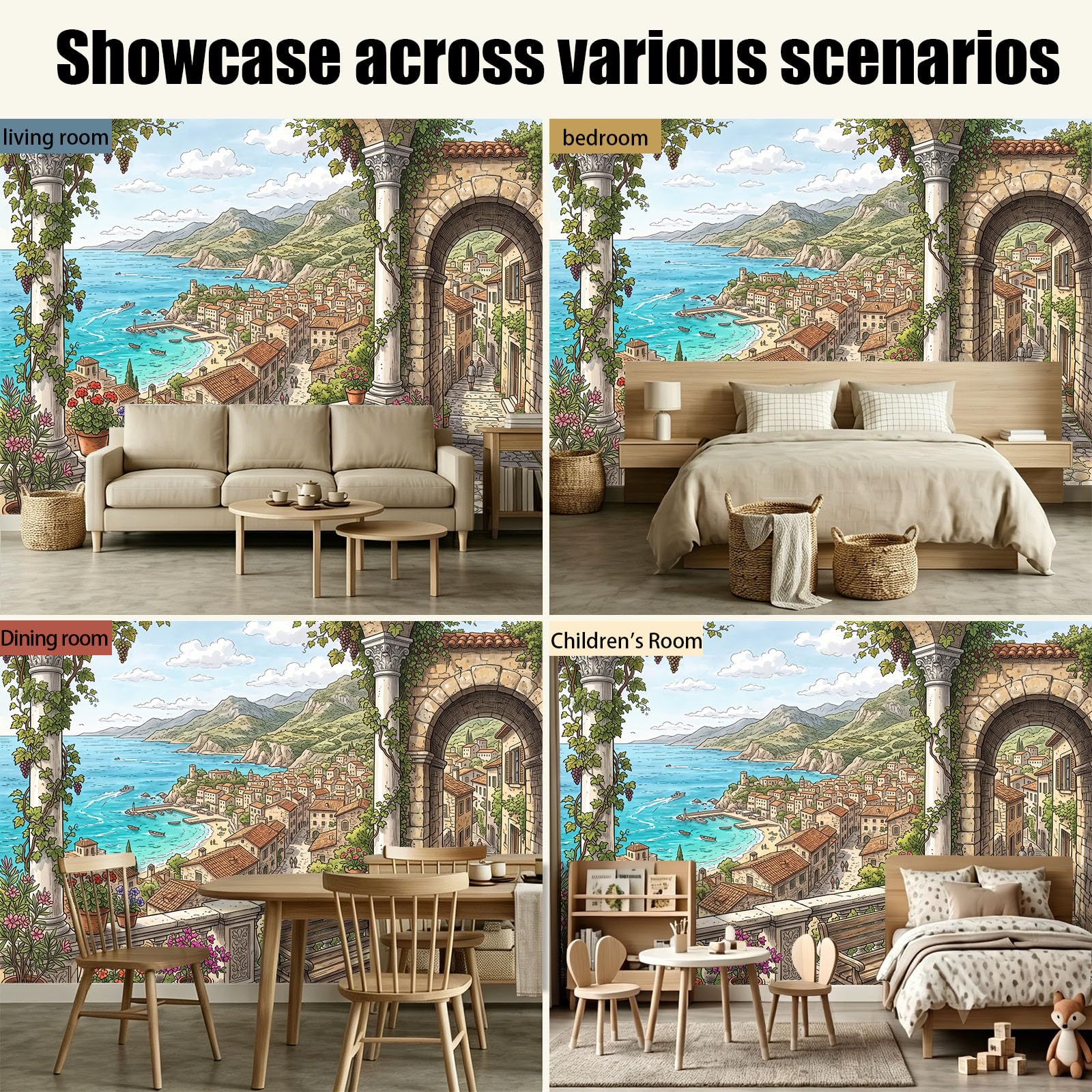 Carta da parati 3D Panoramica Murale, Nautica Carta da Parati in Tessuto Non Tessuto, Poster 350 x 256 cm, Decorazione murale Soggiorno, Camera da letto, Città Balneare Romantica