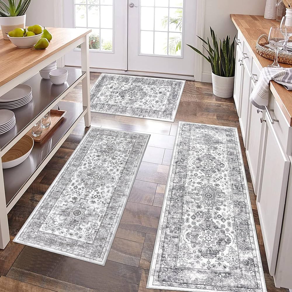 Pauwer Kitchen Rugs Sets of 3 Non Slip Washable Kitchen Mats for Floor Farmhouse Kitchen Floor Mat Runner Rug Boho Kitchen Sink Rug Carpet for Kitchen Hallway Laundry Room, Grey