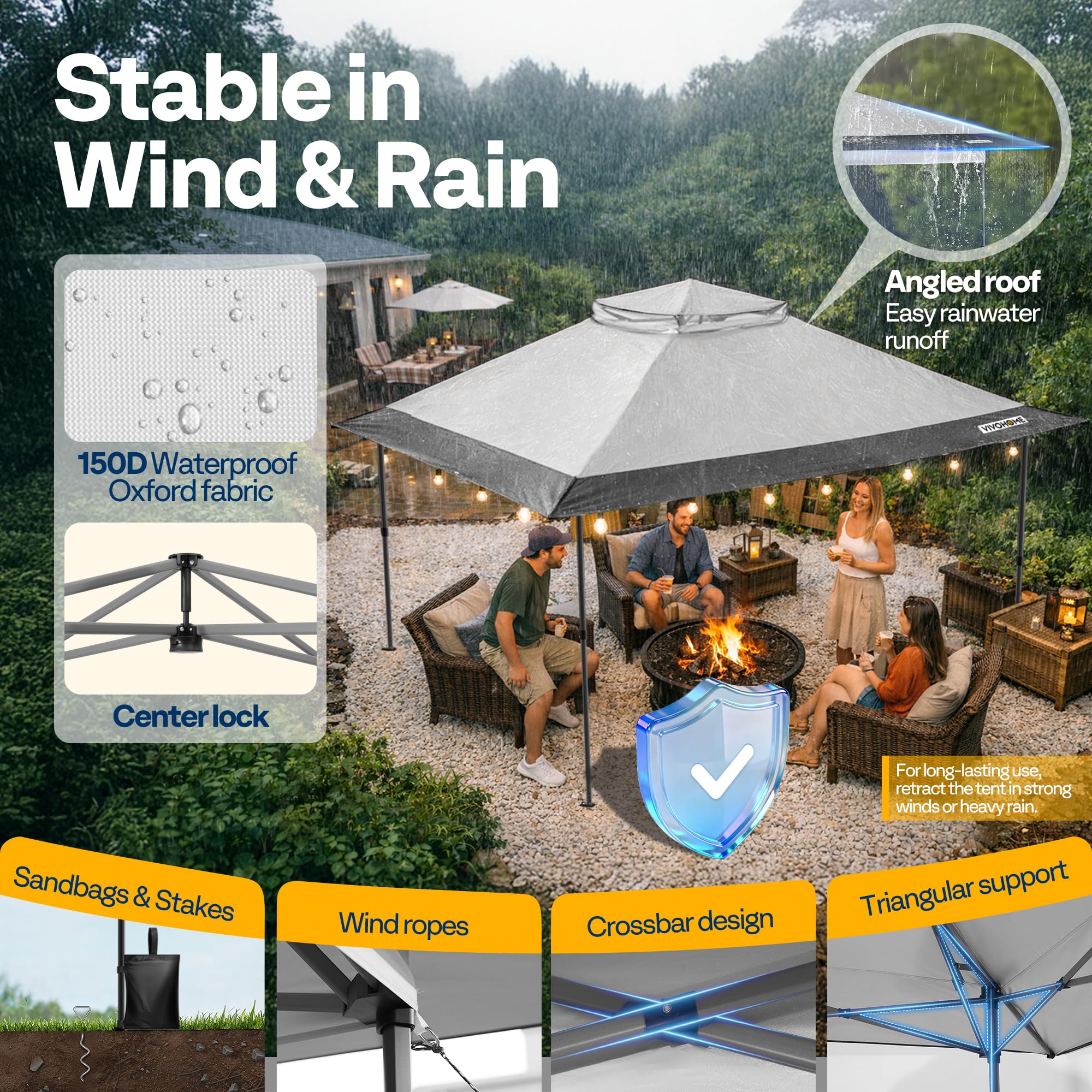 VIVOHOME Pavillon Doppelschichtdach für Terrasse Garten Hinterhof 4 x 4 m, Grau