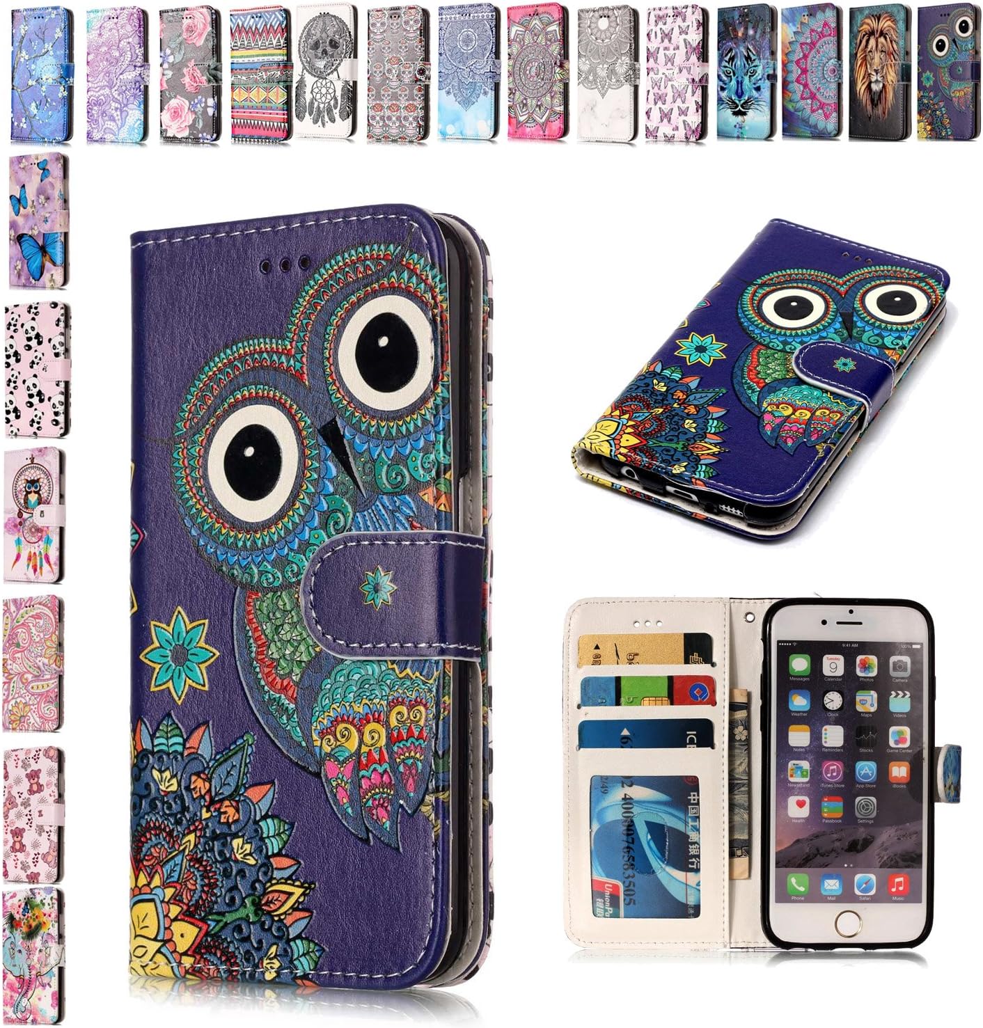 E-Mandala Apple iPhone 7 Plus 8 Plus Case Owl PU Leather Flip Case Wallet Cover with card holder kickstand Shell Soft TPU Silicone Bumper Cover