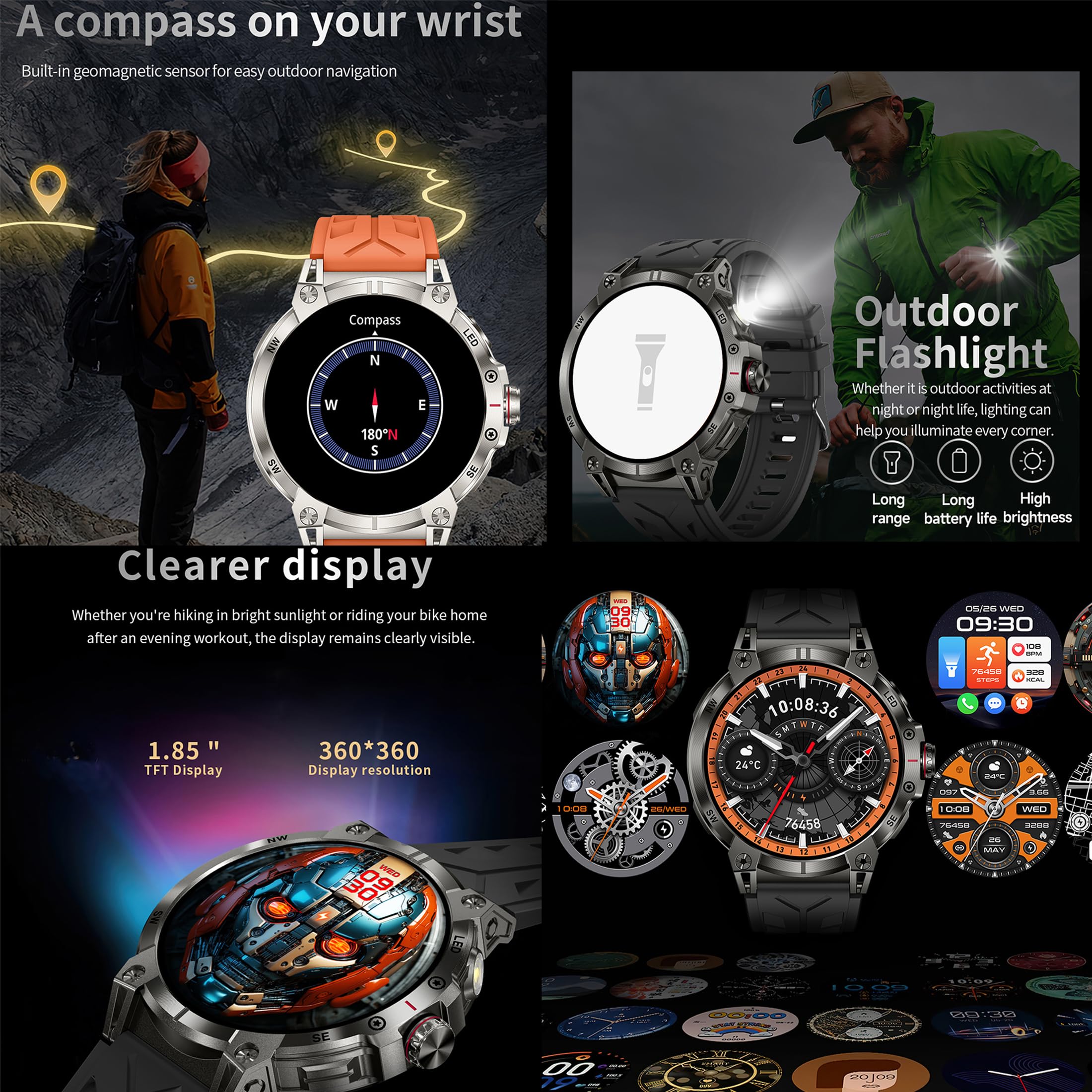 Reloj inteligente AMOLED 1,85 pulgadas para hombre con teléfono, linterna, 5 ATM, rastreador de actividad 123 modos deportivos, presión arterial, monitor de sueño, podómetro