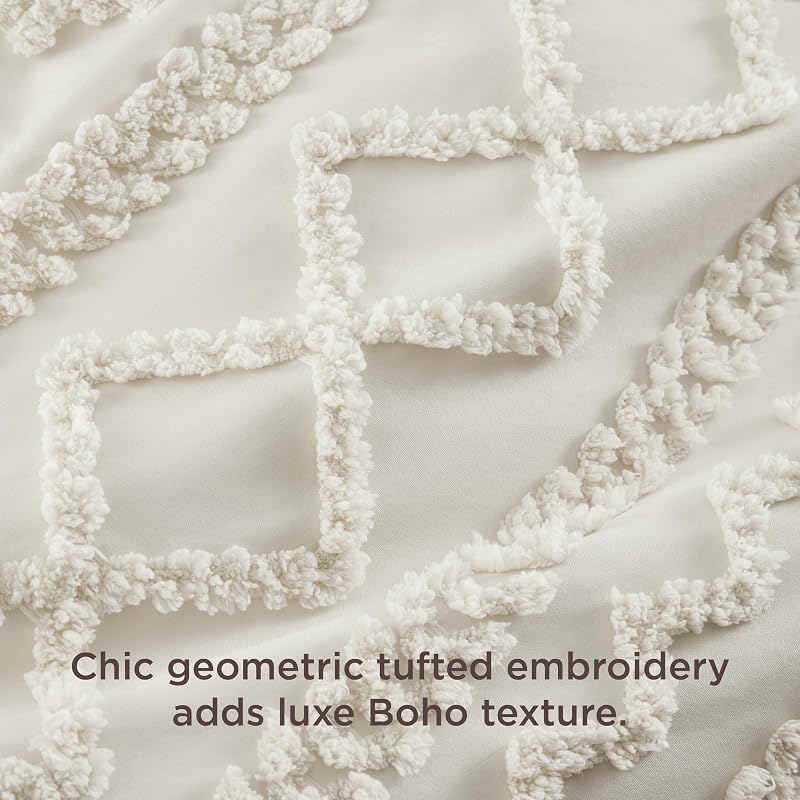 Bedsure Boho Duvet Cover Queen, Tufted Embroidery, 3-Piece, Beige image 3