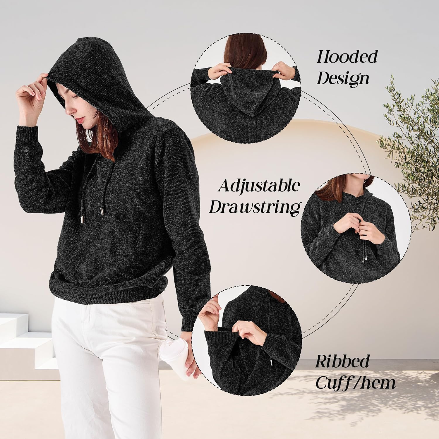 Simple&Opulence Women's Chenille Sweater Drawstring Hooded Long Sleeve Pullover Ribbed Cuff Hem Jumper Tops - Image 2