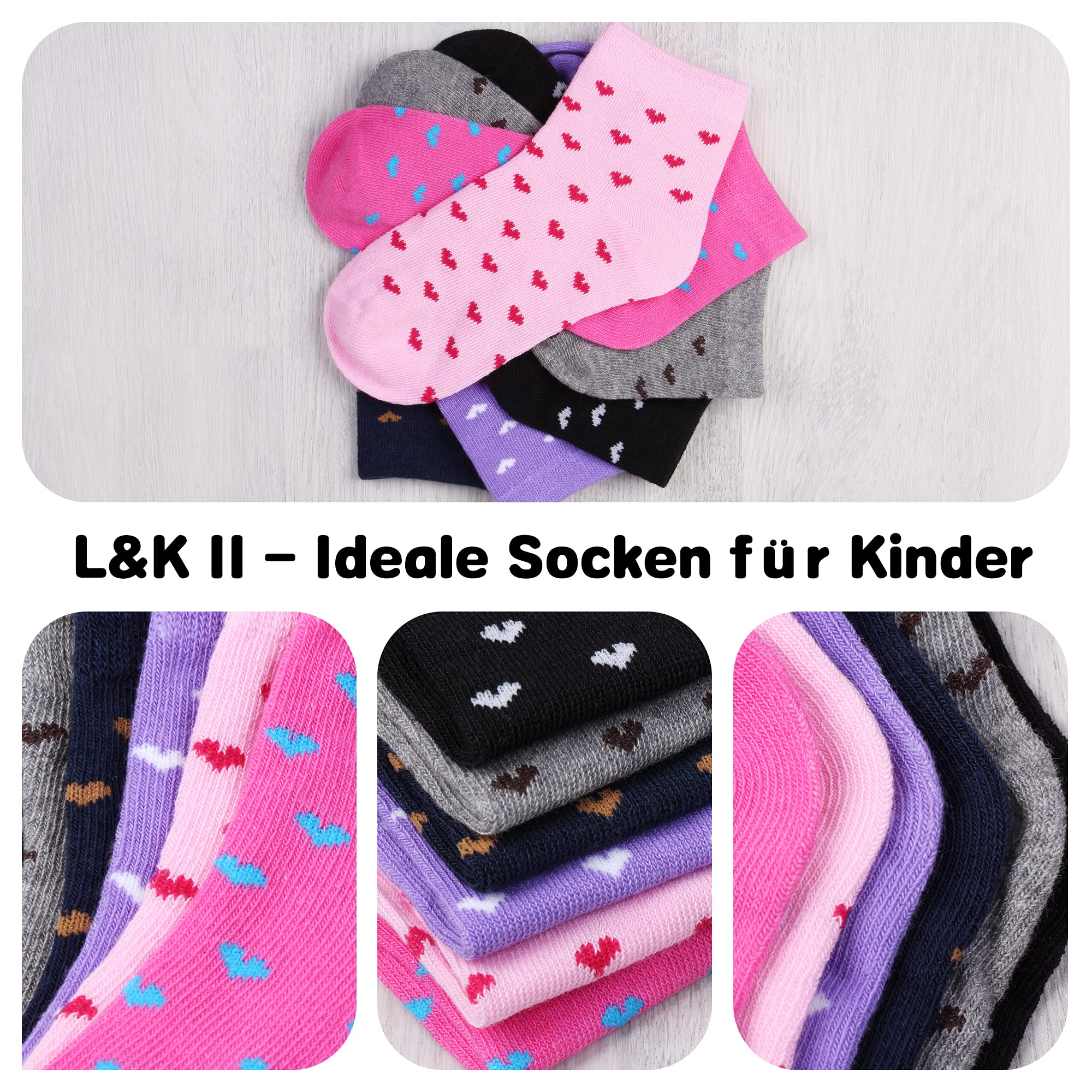 L&K-II 10/12 paia di calzini per bambina con simpatici motivi a cuore Calzini per bambini calzini da ginnastica multicolor 2825