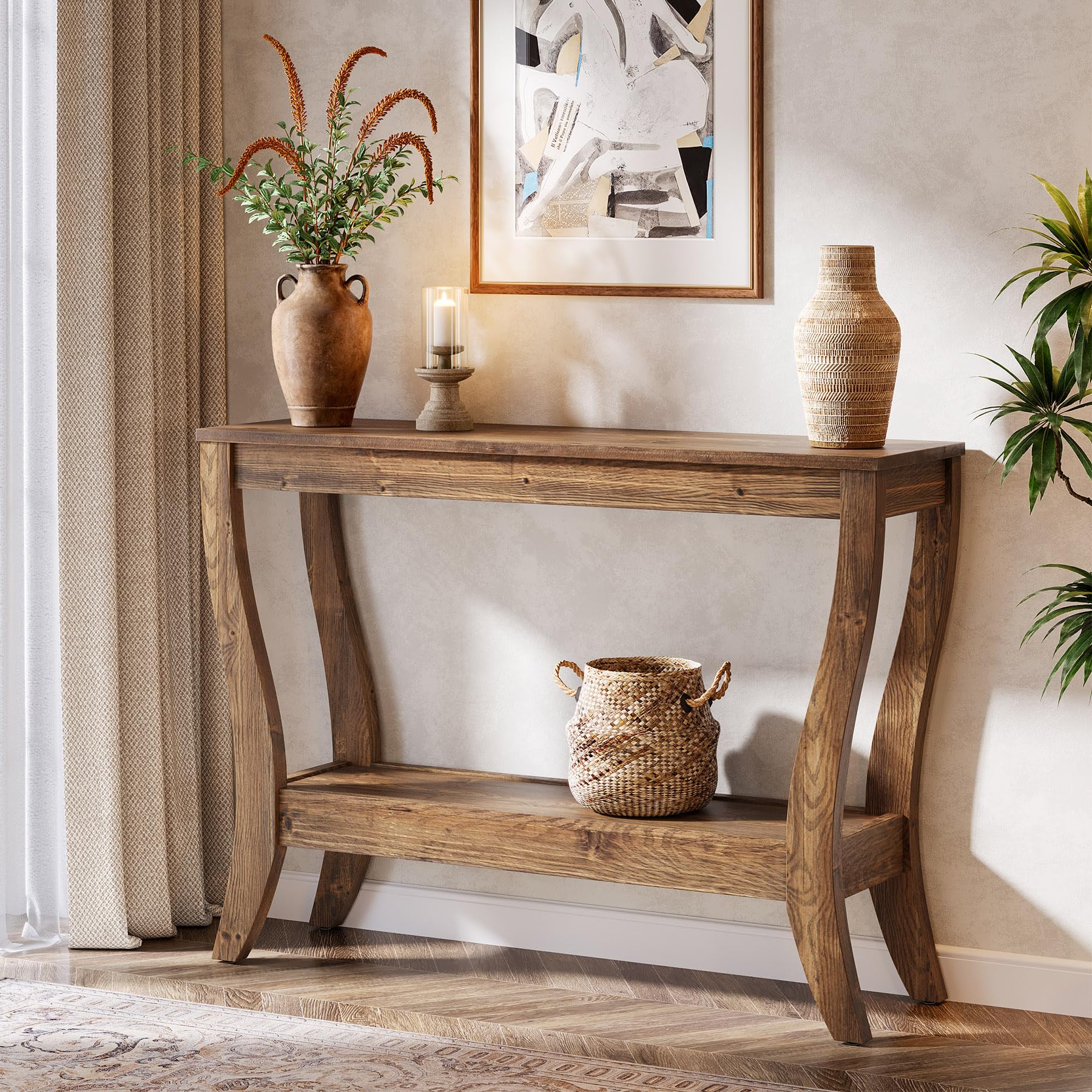 Tavolo consolle in legno massiccio con vano portaoggetti, 105 cm, tavolino da corridoio con ripiano, divano a 2 livelli, in legno, per soggiorno, corridoio, ingresso, marrone