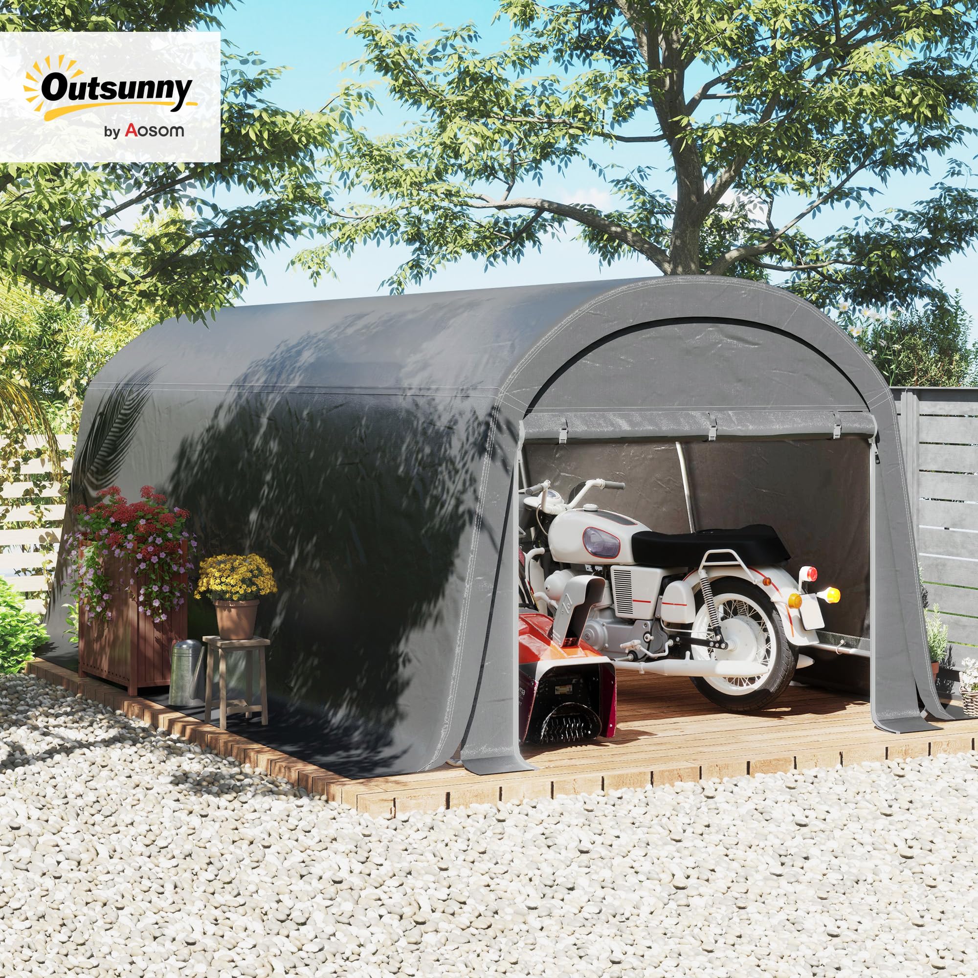 Outsunny 10' x 20' Portable Shed, Waterproof Motorcycle Bike Tent with Roll-up Zipper Door, Galvanised Steel Frame, Outdoor Storage Shed for Garden Tools, Dark Grey — view 2