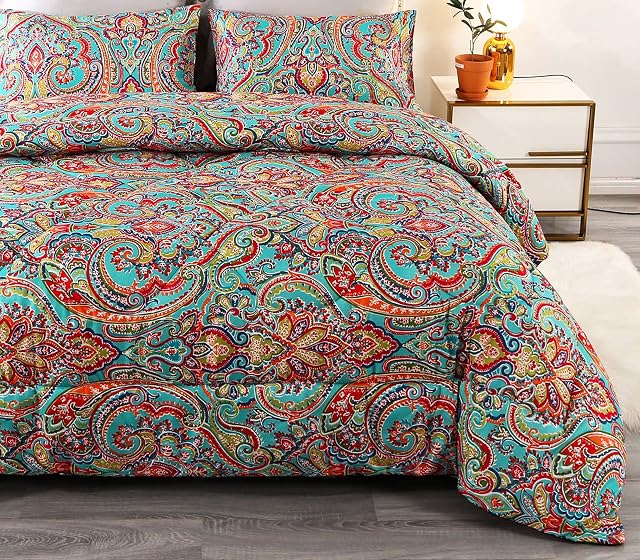 Qucover Quilted Bedspreads King Size Bedding Set 225x230CM Comforter Reversible Quilt Soft Lightweight Printed Pattern Coverlet Sets with 2 Pillowcases 48x74CM