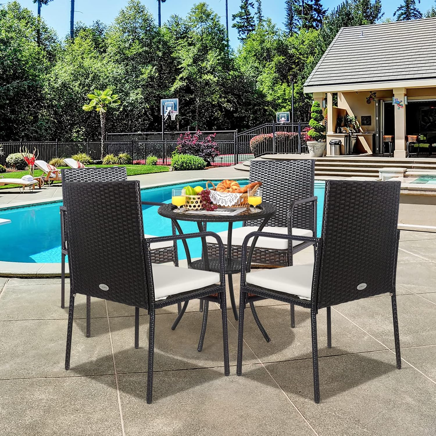 HAPPYGRILL Patio Rattan Dining Chairs Set of 4, Outdoor Wicker Chair Set with Soft Cushions, Reinforced Steel Frame, All-Weather Dining Armchairs for Deck Backyard Poolside