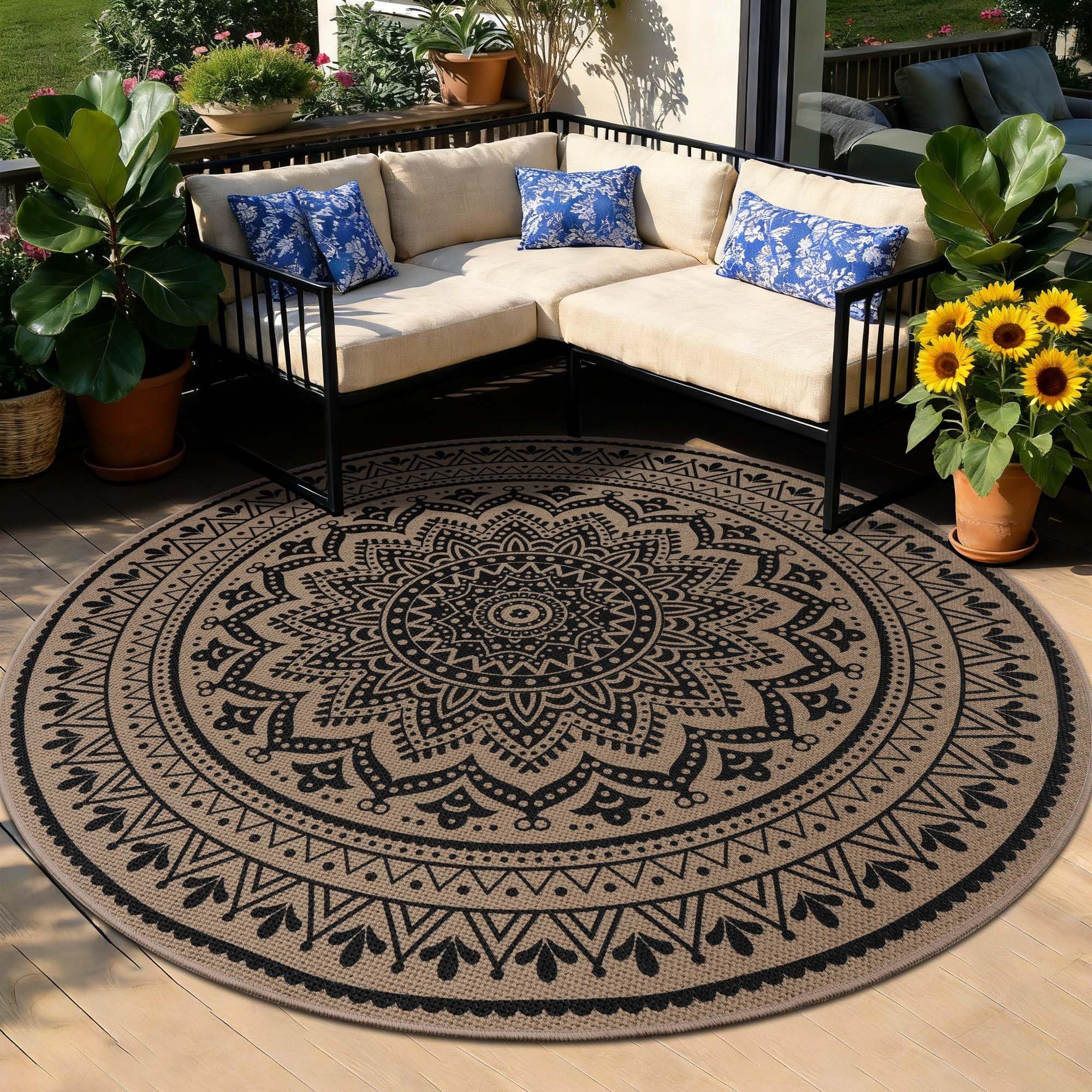 Homcomodar Tapis rond 120 cm, aspect jute, tapis de salon, extérieur, lavable, style bohème, marron, pour chambre, balcon, terrasse