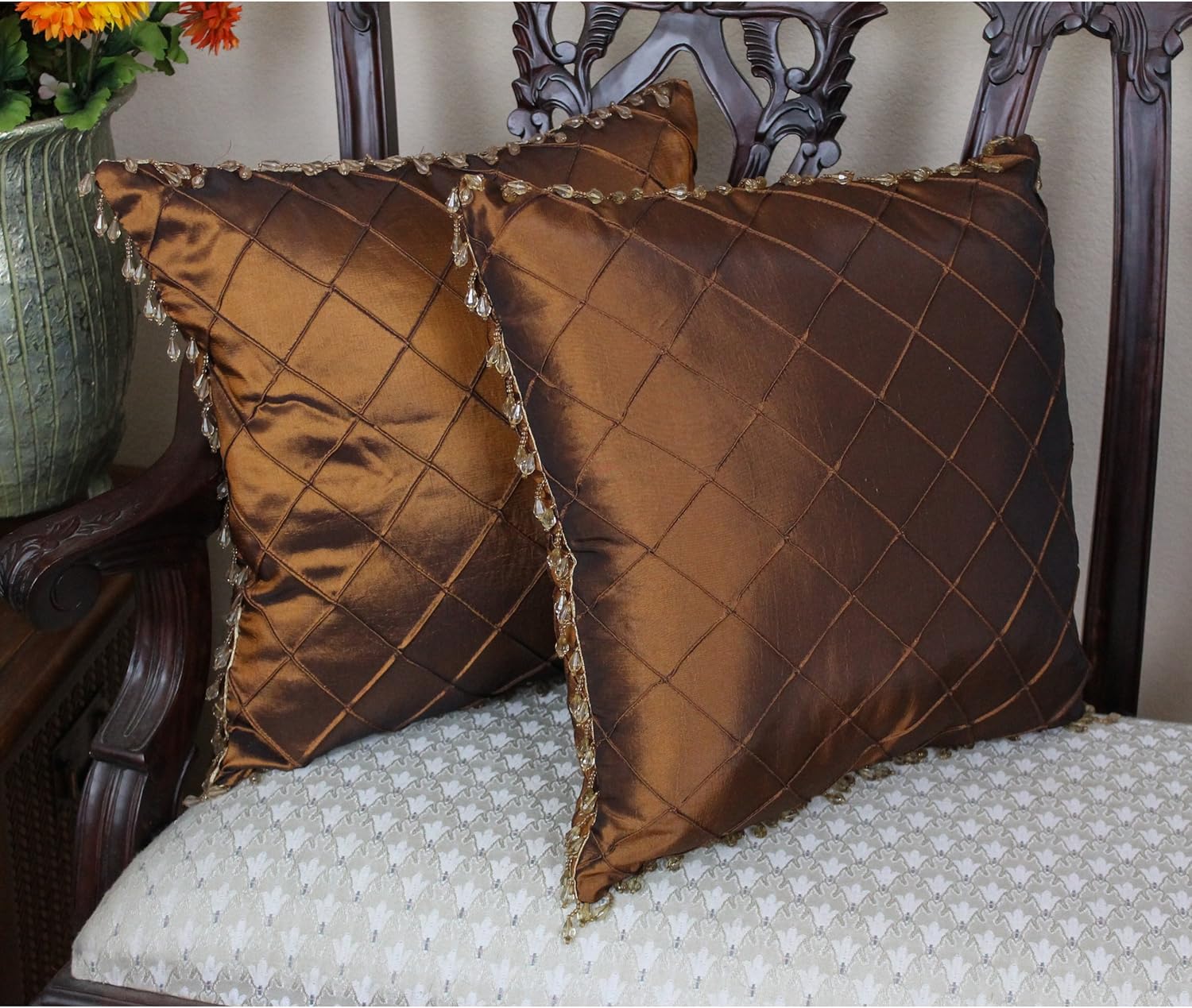 Blazing Needles Beaded Satin Sheen Throw Pillow, 18", Dark Red 2 Count