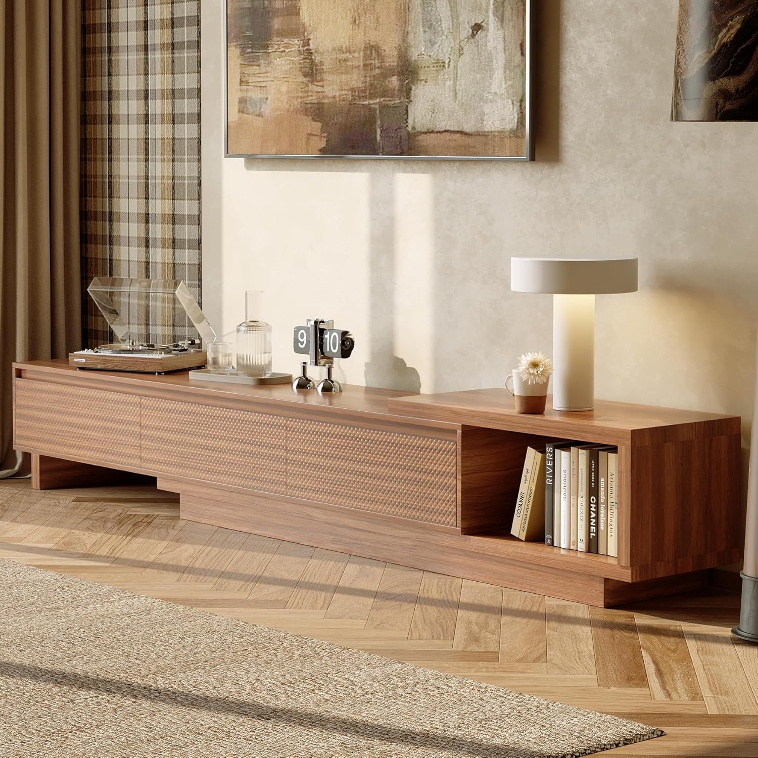 Extendable Mid Century Modern Walnut TV Stand for 80+ Inch TVs, 78.7"-103.1" Adjustable Media Console with Crosshatch Textured Drawers, Large Storage Entertainment Center for Living Room