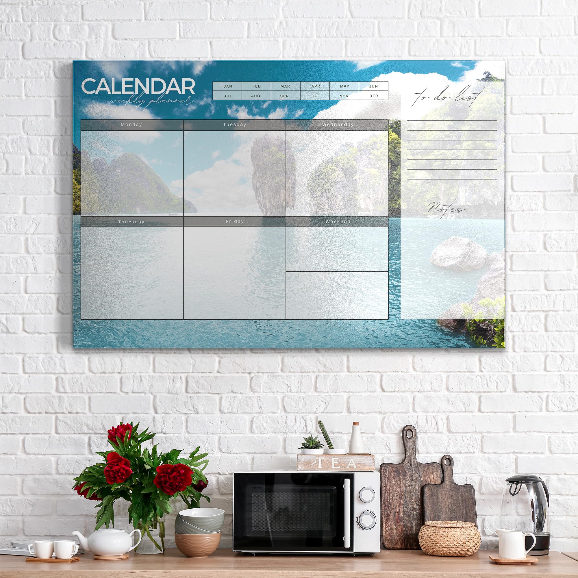 DEQORI Lavagna magnetica in metallo, 90 x 60 cm, motivo "Agenda settimanale asiatica (EN)", lavagna bianca per tutti i magneti, lavagna magnetica da parete per cucina e ufficio, bacheca magnetica