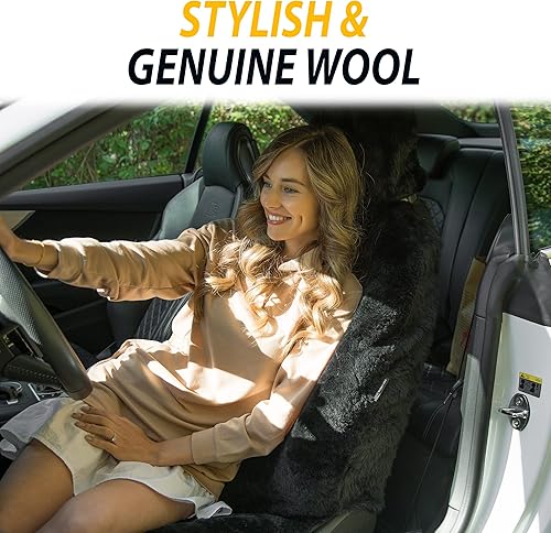 Miniatura 7 de ZONETECH Fundas de asiento de piel de oveja mullidas para asiento de automóvil, de lana merina australiana negra, accesorios de piel esponjosa,