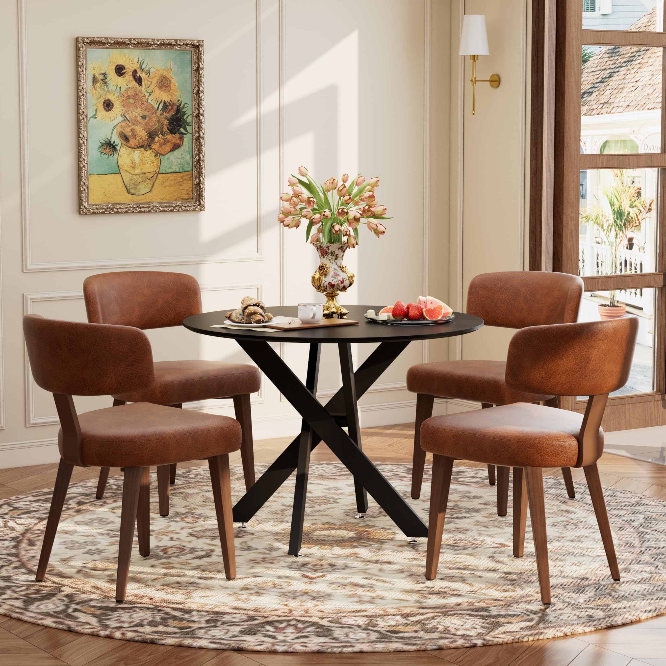 Wood Dining Table Set for 4, 36" Round Kitchen Table with 4 Faux Leather Dining Chairs, MDF Tabletop with Metal Legs, Ergonomic Dining Chair with Metal Legs(Black Table with Brown Chairs)