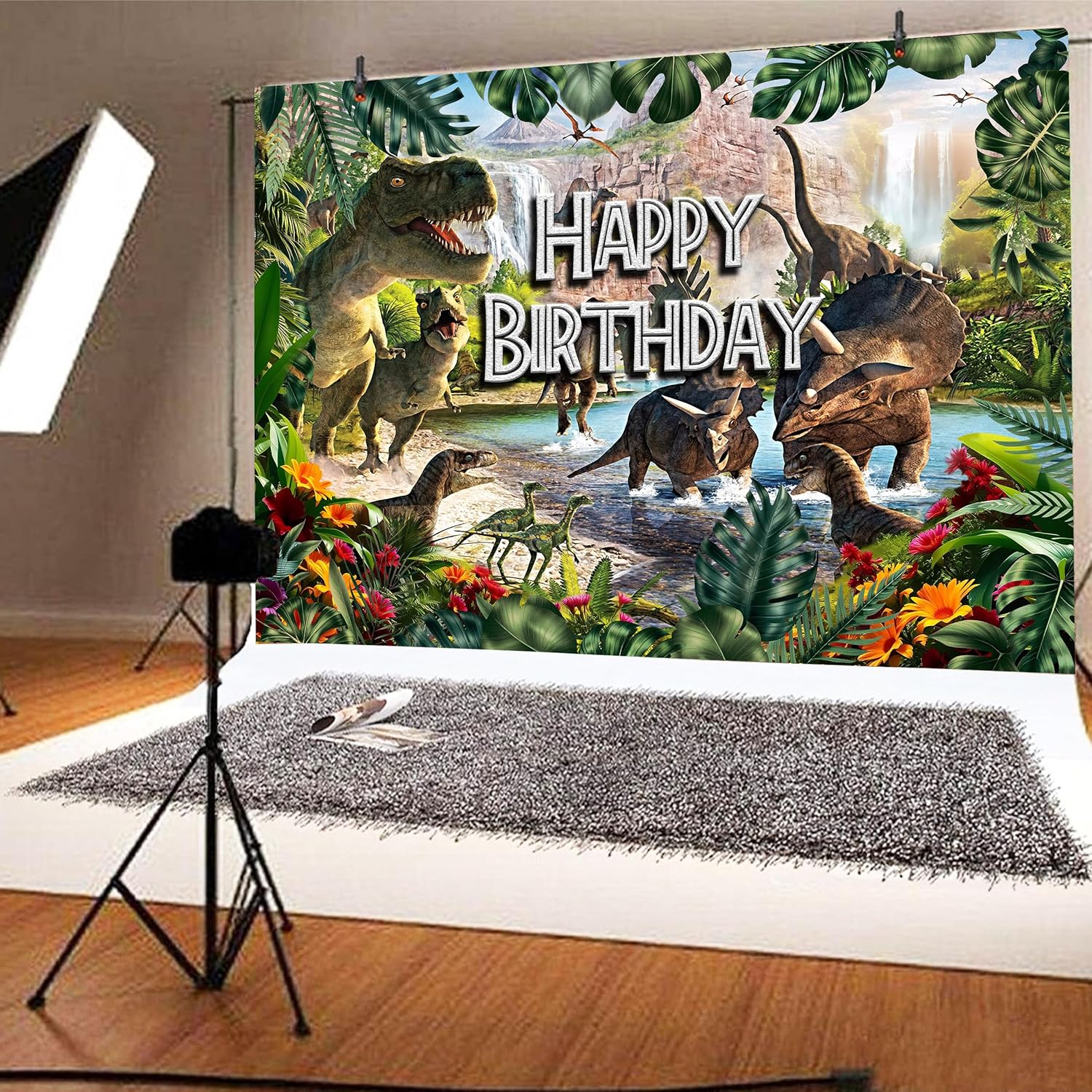 Dinosaur Birthday Decorations Backdrop 7 x 5 ft Tropical Jungle Forest Wild Animal Dino Background Kids Boy Girls Happy Birthday Banner Party Supplies Polyester - Image 4