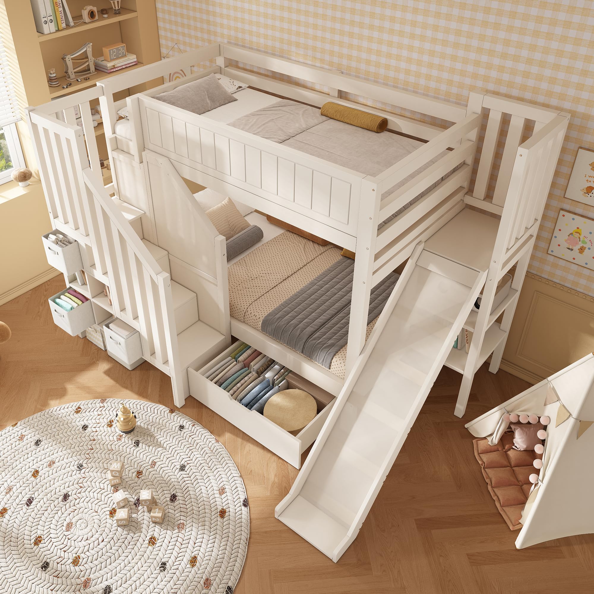 Letto a castello per bambini, 90 x 200 cm, scivolo, armadietto a scale, cassetti grandi, scaffale aperto, bianco, rete a doghe, sicurezza, ideale per famiglie con più bambini, senza materasso