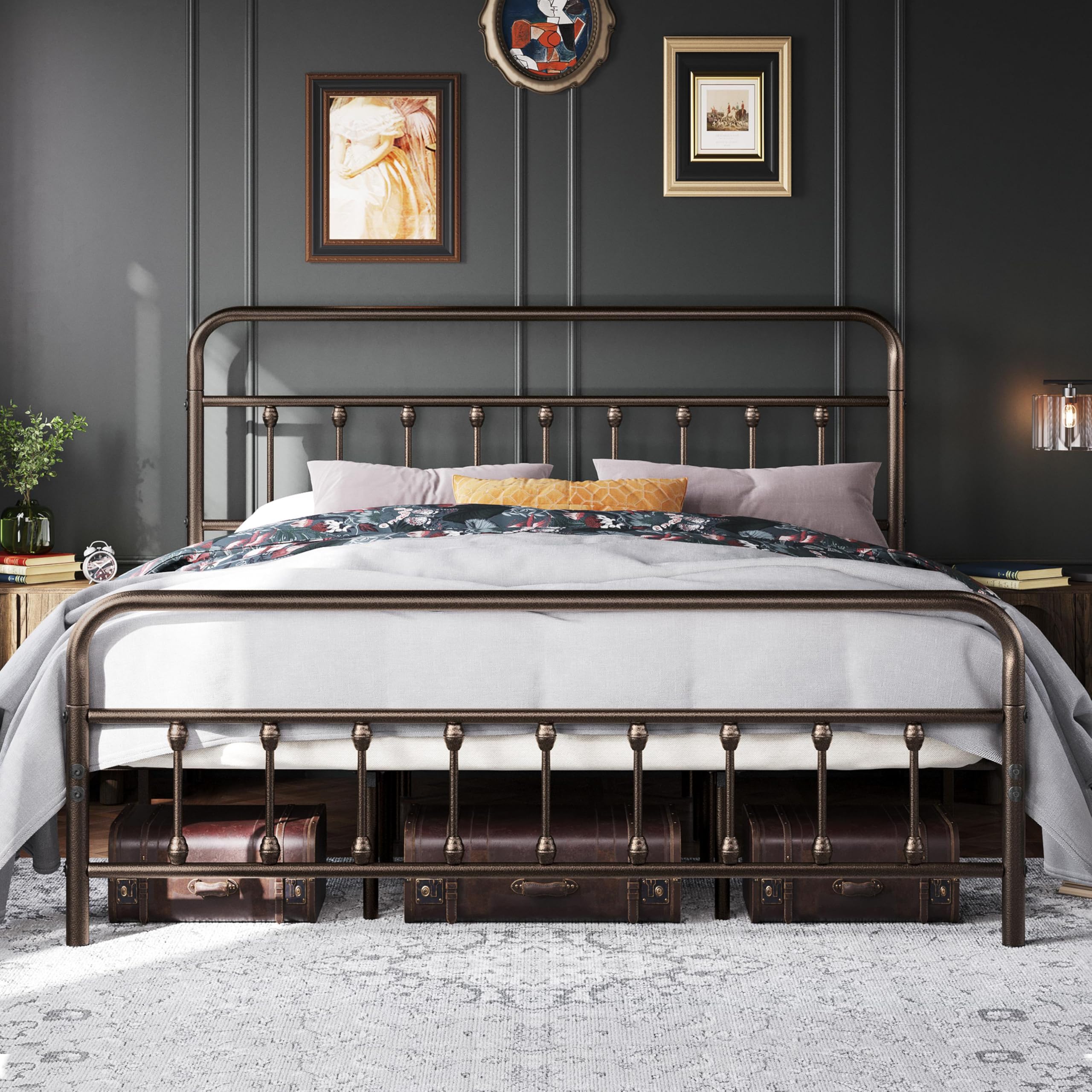 Topeakmart King Size Victorian Style Metal Bed Frame with Headboard/Mattress Foundation/No Box Spring Needed/Under Bed Storage/Strong Slat Support Bronze