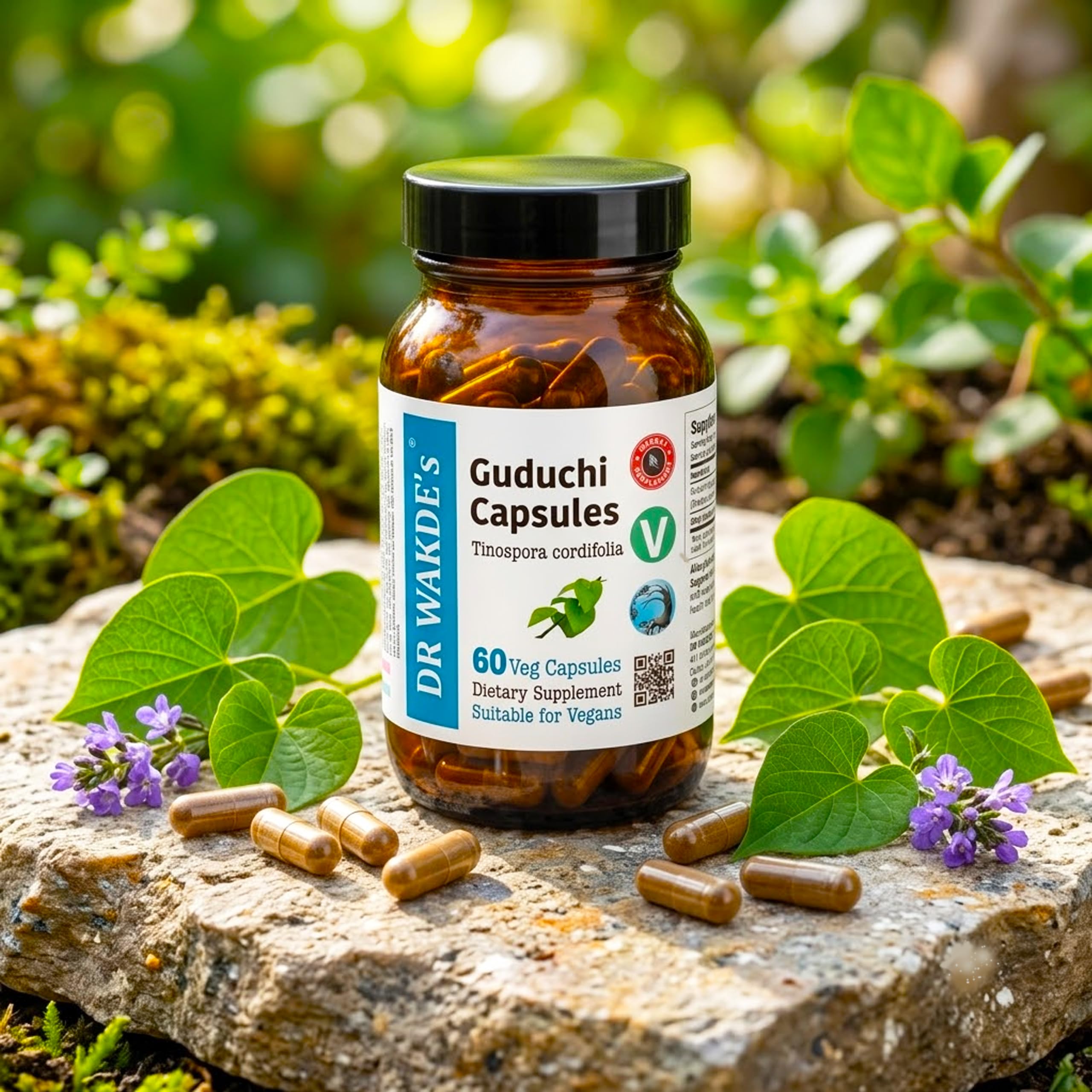 DR WAKDE'S Guduchi Kapseln – Giloy (Tinospora cordifolia) 500 mg | 60 Vegane Kapseln | Immunsystem & Wohlbefinden | 100% Reines Ayurvedisches Kräuterpulver | Ohne Zusatzstoffe | Vegan & Vegetarisch