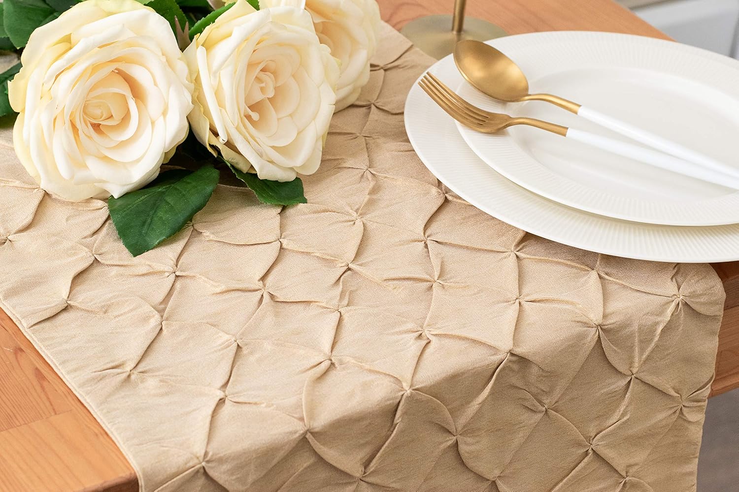 The White Petals Gold Long Table Runners | Properly Finished, No Fray Edges | for Home, Kitchen, Dining Room, Holiday, Wedding Party Décor - Pinch Pleat, 14x90 inch, Pack of 1