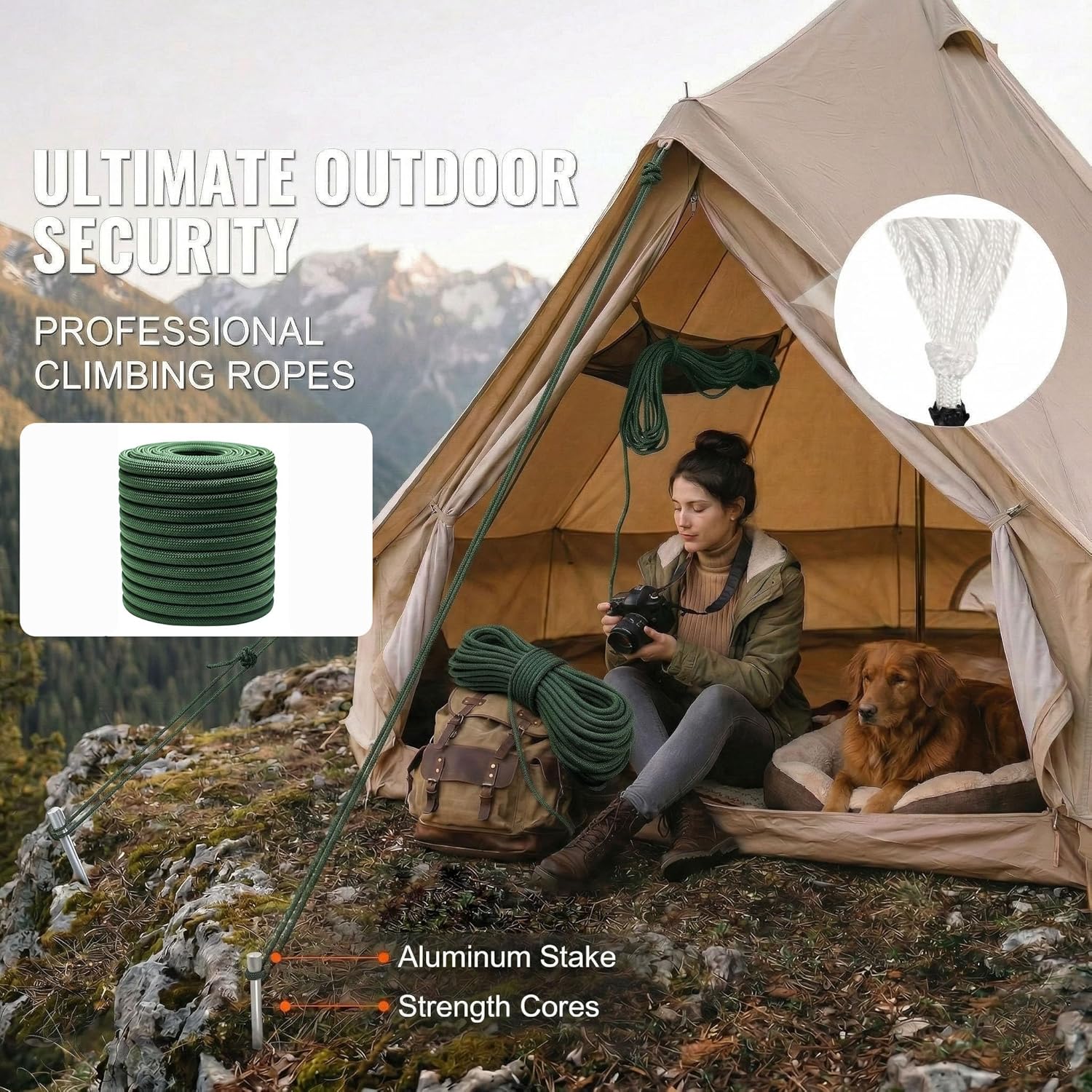 Double Braided Arborist Rope - 1/2 Inch x 200 Feet Polyester Rope - High Strength Climbing Rope for Tree Work, Halyard, Sailing(ArmyGreen)