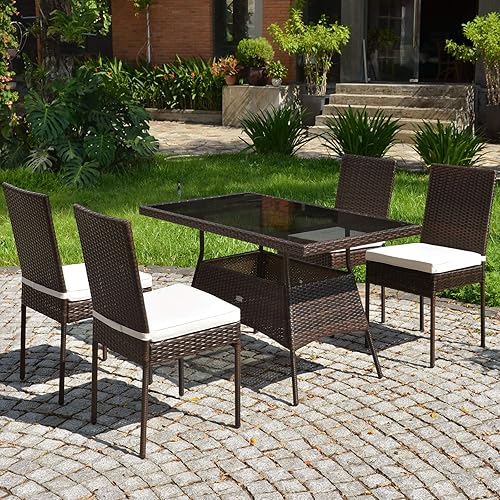 Miniatura 4 de Tangkula 5 Piece Patio Wicker Dining Set, Outdoor Rattan Table and Chairs with w/Tempered Glass Table Top & Padded Cushions, Wicker Patio