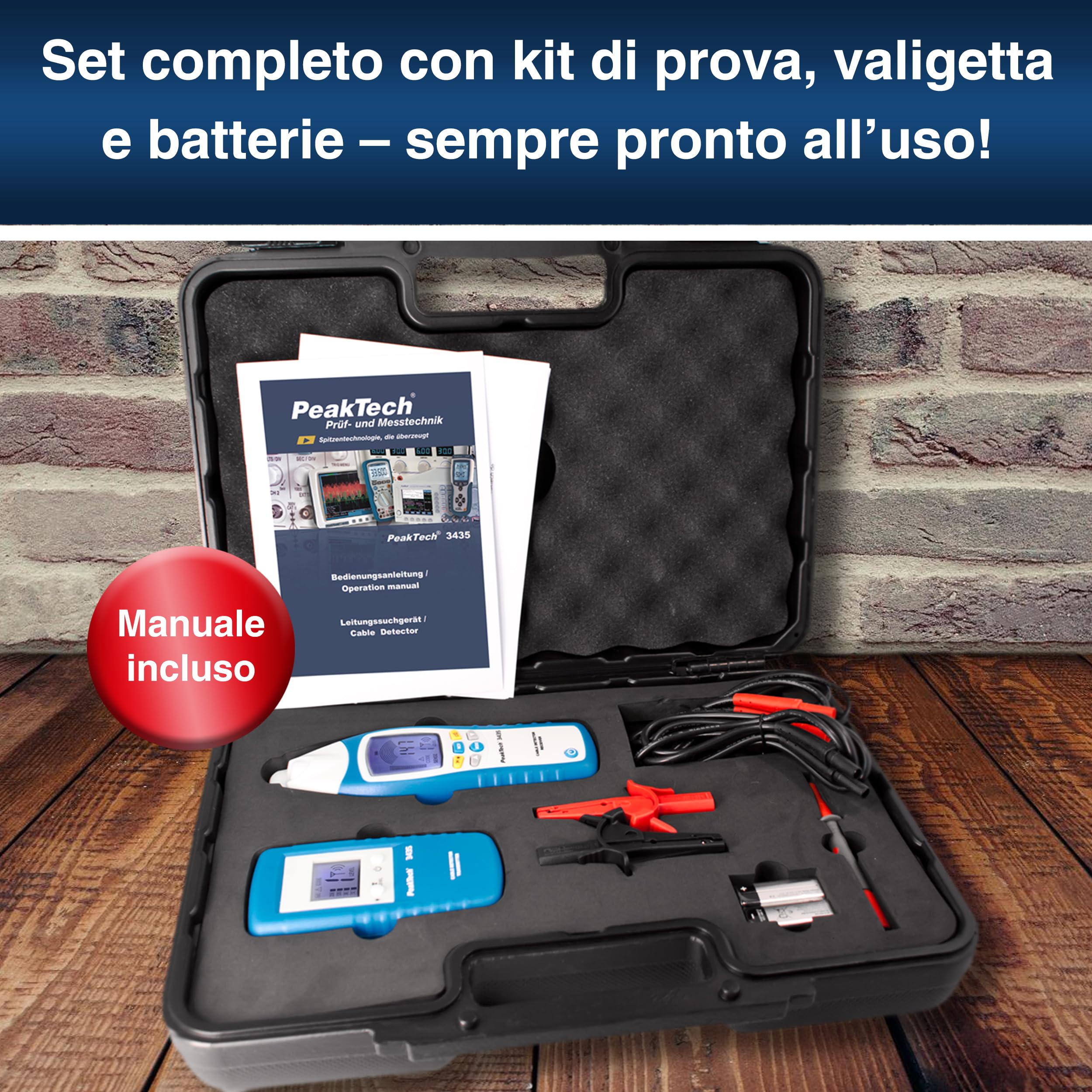 PeakTech 3435 – Rilevatore di cavi con trasmettitore e ricevitore, Voltmetro, Rileva cortocircuiti, fusibili, tubi, inclusi pareti, soffitti e pavimenti - Fino a 2 m di distanza