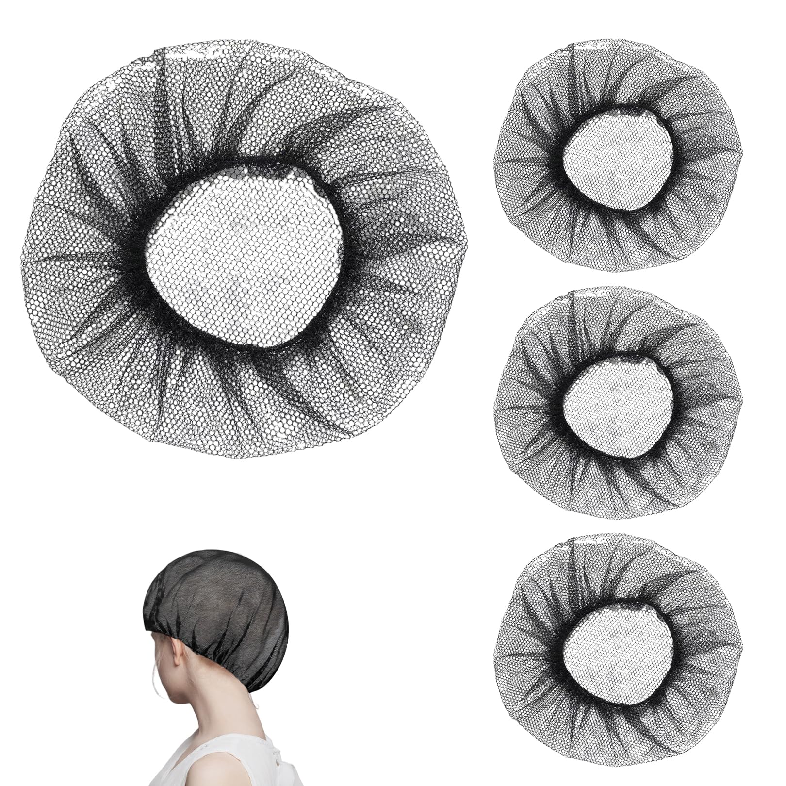 Pryon Unisex Black 4 Pcs Chef Hat,Hair Nets Catering Kitchen Cooking Hairnets Hats Elastic Chef's Cap Adjustable Men Mesh Net Band Reusable Washable,For Women Baker Chefs Cook Food Service Workers Costume(Black)