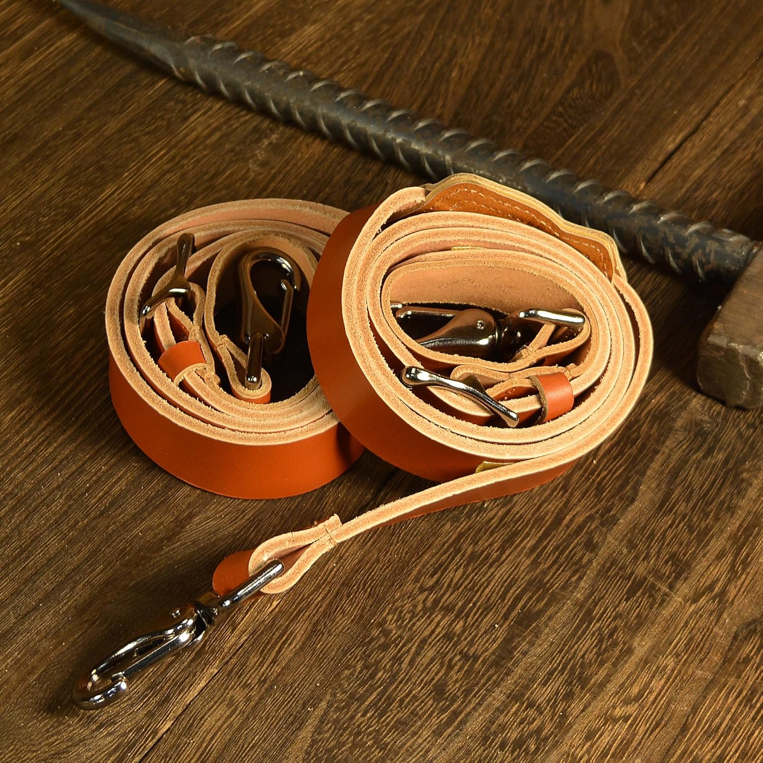 WELKINLAND Buffalo Leather Suspenders - Heavy Duty Work Suspenders for Men, Brown Leather with Hooks - Image 2