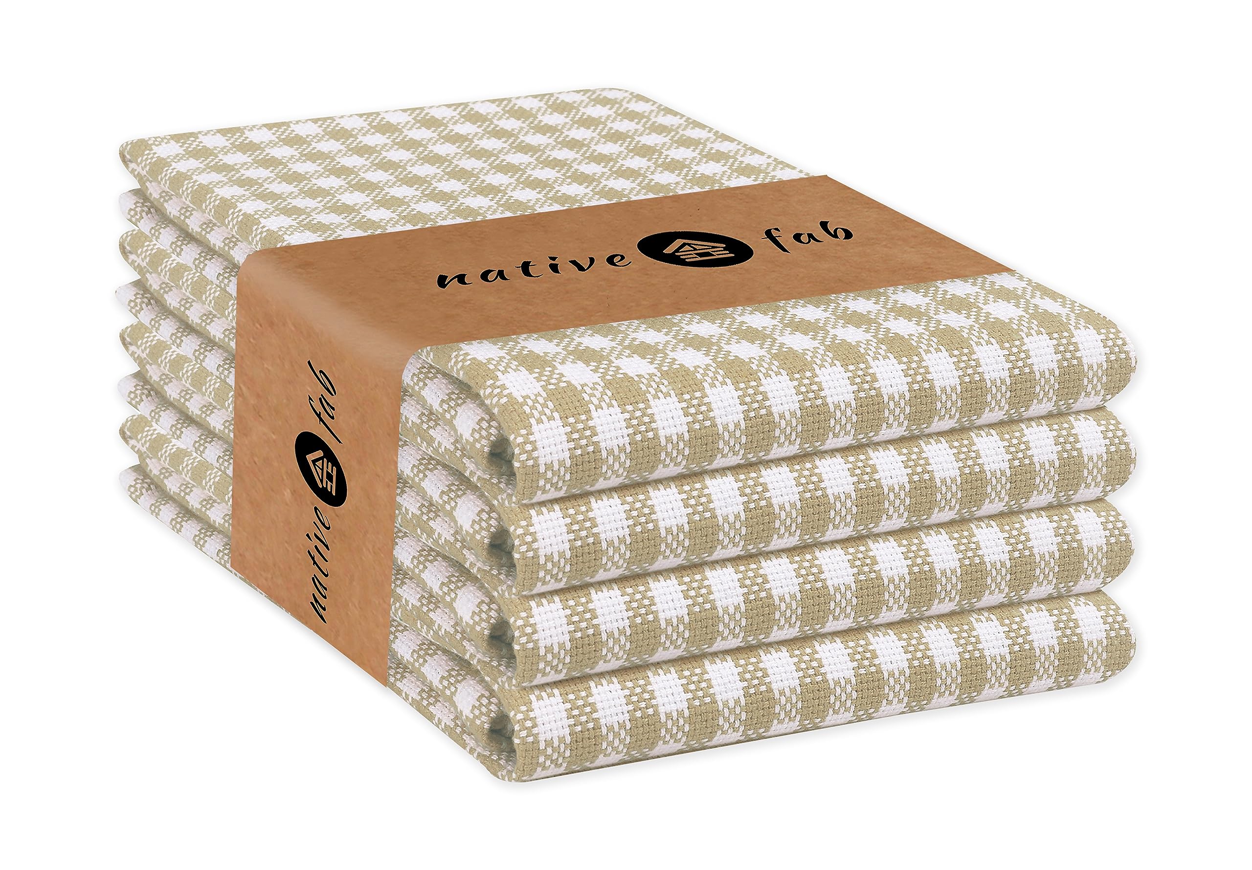 Native Fab 4 Pack Gingham Farmhouse Kitchen Dish Towels Cotton Absorbent Durable Washable 38x64 cm - Tea Towels, Dish Cloths, Restaurant Cleaning Towels, Kitchen Towels with Hanging Loop, Beige White
