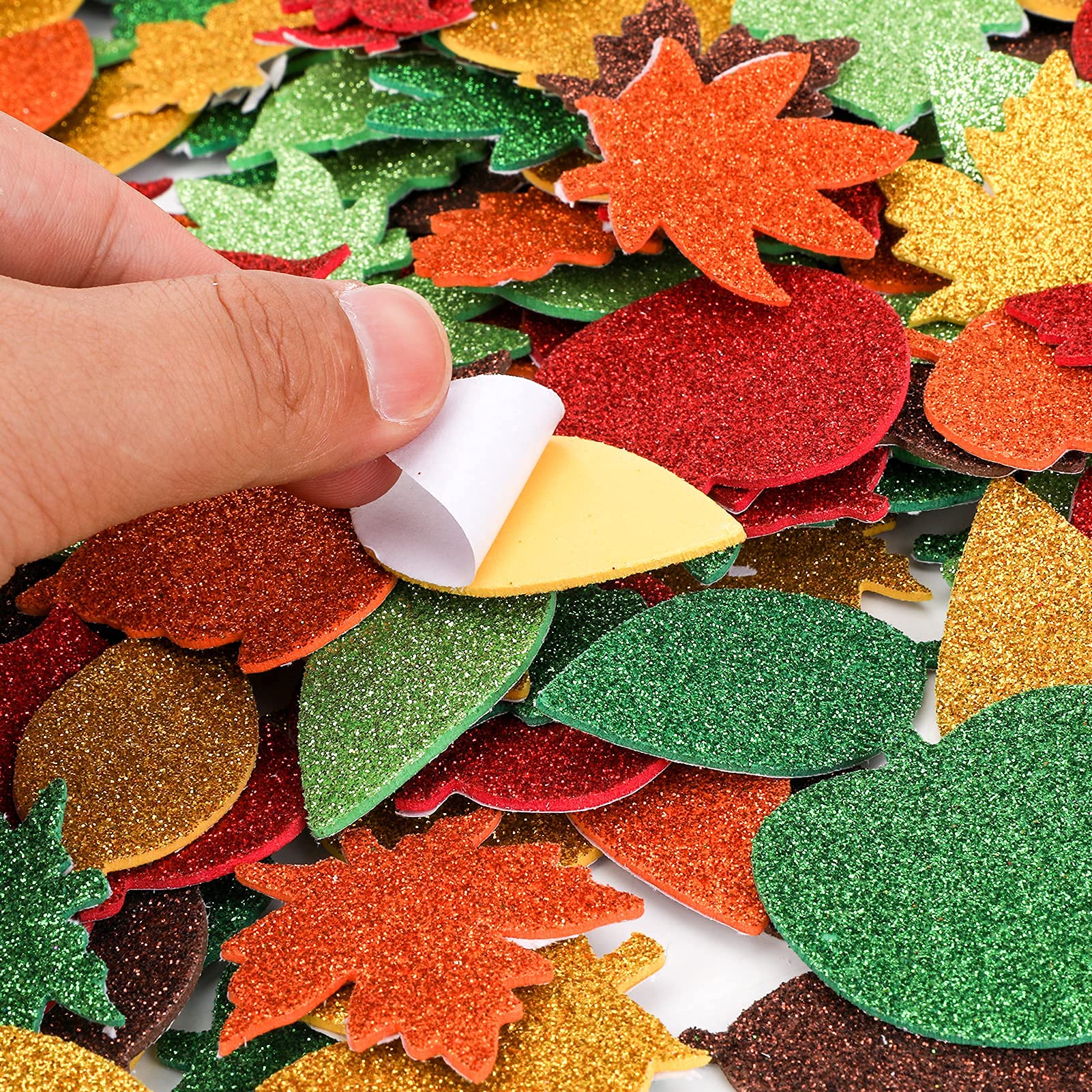 LASLU Fall Maple Leaf Foam Stickers Fall Leaf Foam Glitter Stickers Maple Oak Birch Leaves Cutouts Foam Stickers Self-Adhesive in Autumn Colors 400Pcs for Kids Halloween Thanksgiving DIY Crafts