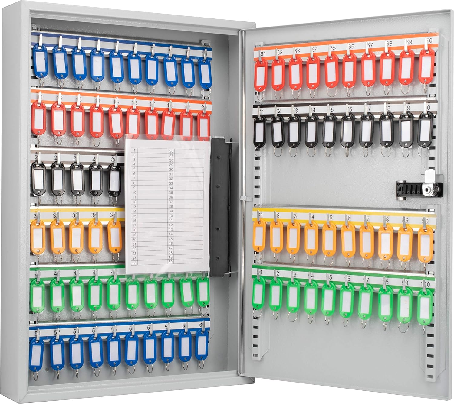 winbest 100 Position Key Lock Box – Wall Mount Steel Key Cabinet with Adjustable Numbered Hooks, Index Log, Colored Key Tags for Home or Office
