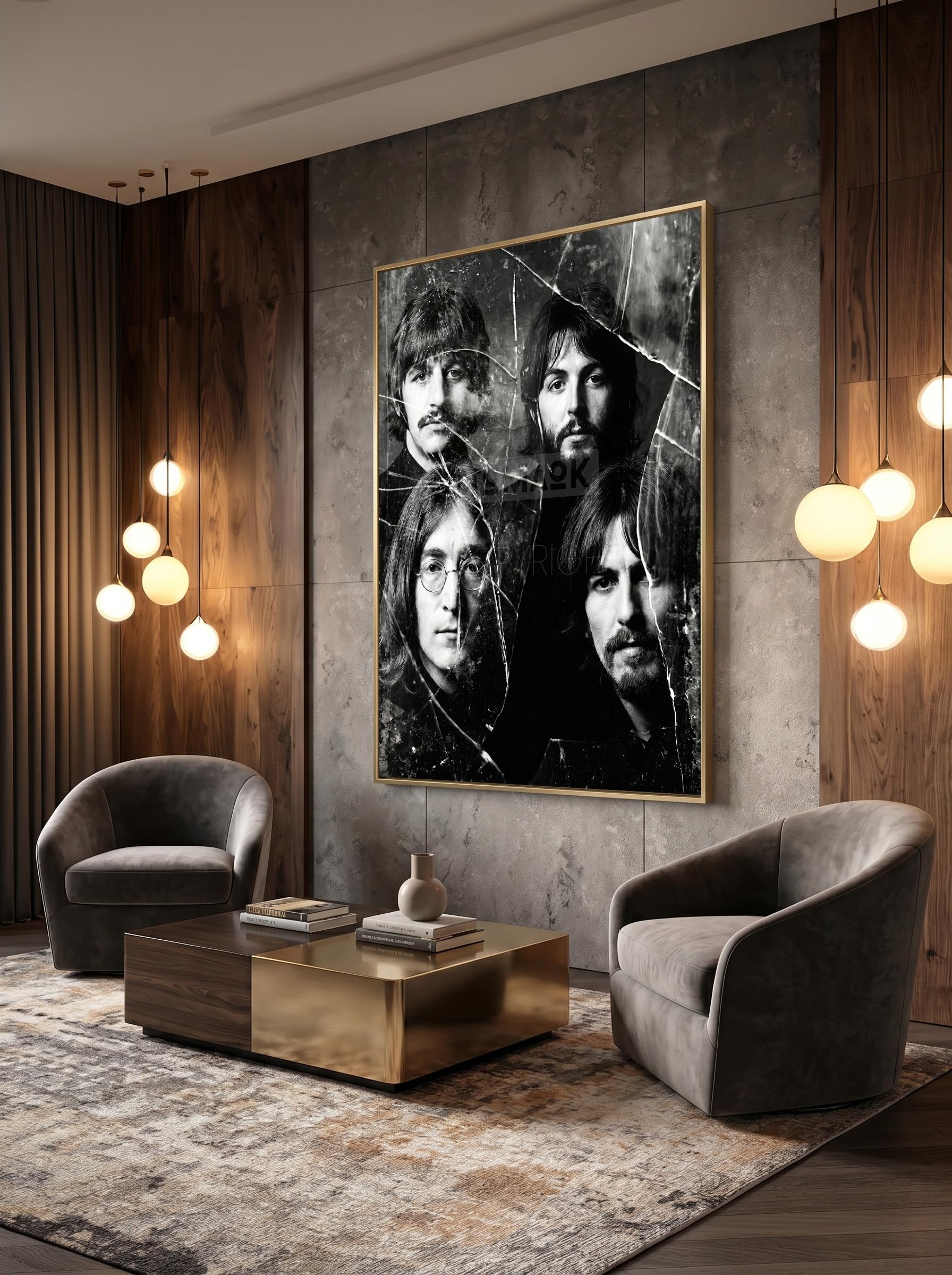 Tomaok® - Poster Stampa poster d'arte (cornice non fornita) Gruppo musica pop rock Les Beatles in composizione bianco e nero, ritratto specchio rotto, decorazione art murale