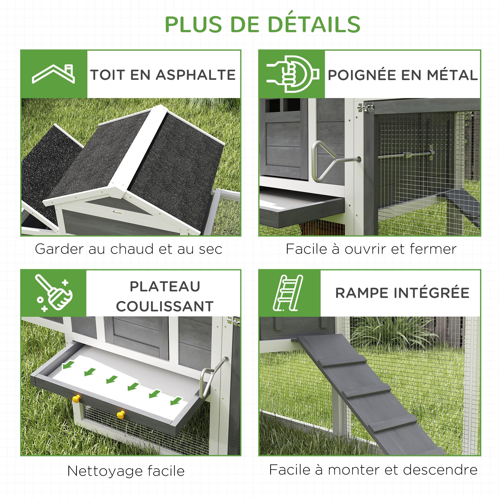 PawHut Poulailler en Bois avec Pondoir 3-6 Poulets Bois Massif Blanc | Poulailler pour Poules Extérieur, Niche Séparée, Plusieurs Portes, Bac Amovible