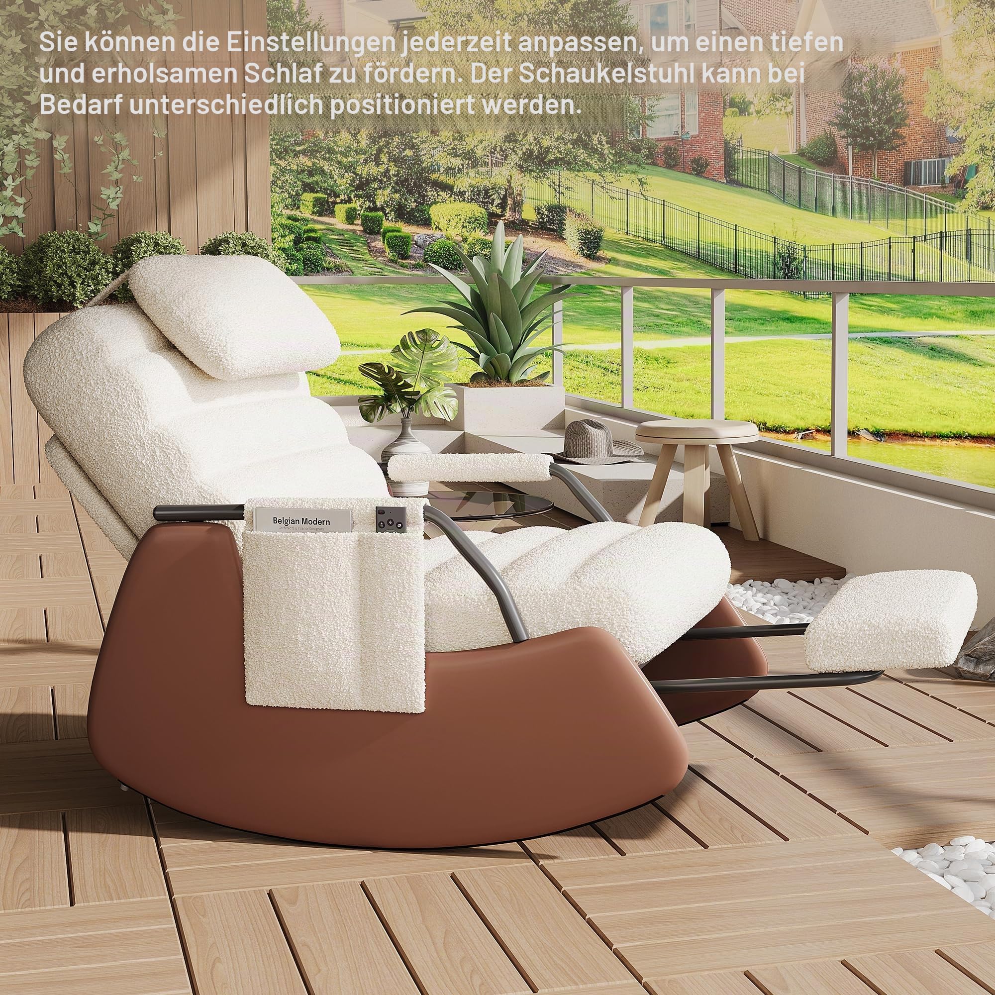 Schaukelstuhl mit Fußstütze, Rückenlehne verstellbar, 3 Positionen, Schaukelstuhl, Relaxsessel mit Kopfstütze, Armlehnen aus Holz, für Wohnzimmer, Schlafzimmer, Lesen (Lammfell, Beige A)