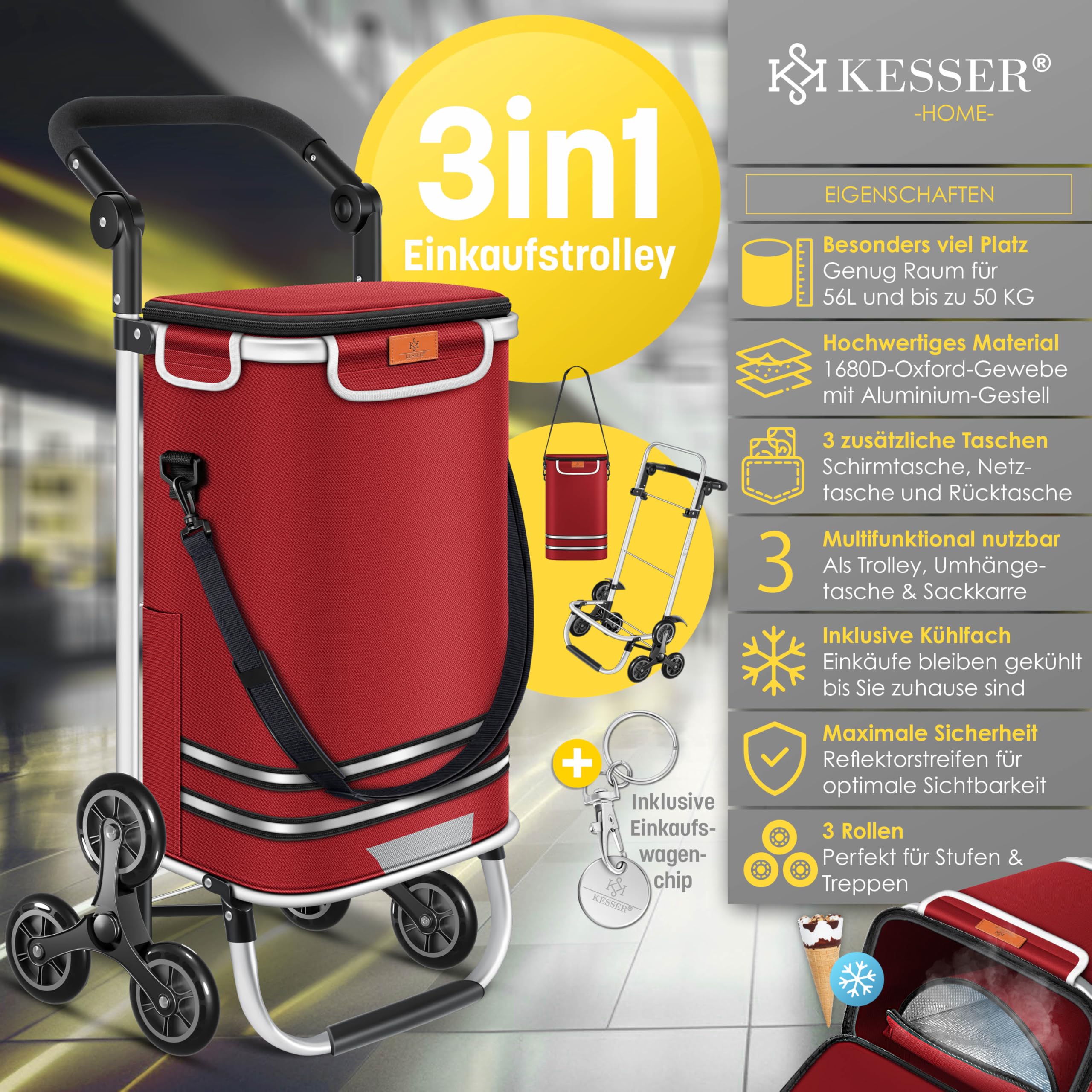 KESSER Chariot à provisions 56 L 50 kg pliable 3 en 1 avec compartiment réfrigérant Bordeaux