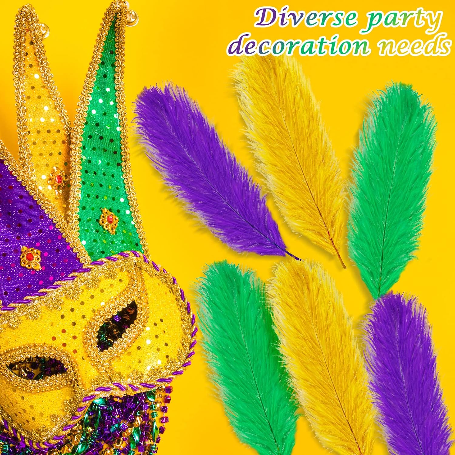 18 Pcs Mardi Gras Feathers for Crafts 10-12 Inches Natural Green Gold Purple Feathers Bulk for DIY Craft Carnival Costume Mardi Gras Party Decorations(Pure Gold, Purple, Green)