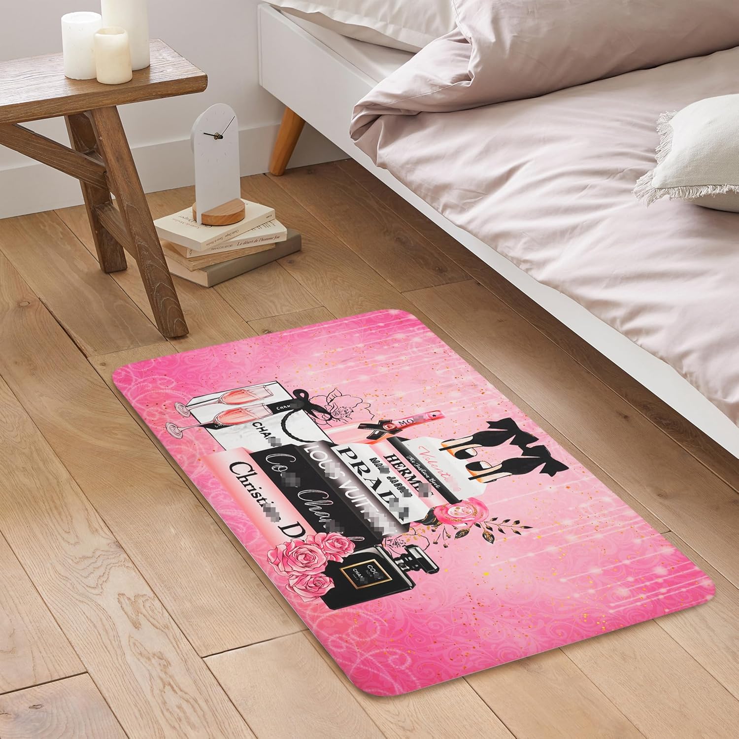Pink Bathroom Rugs, Girly Fashion Book Floral Perfume Bath Mat, Suede Absorbent Pink Bathroom Decor Floor Mat with Non Slip Rubber Backing, 20 x 32 Inch