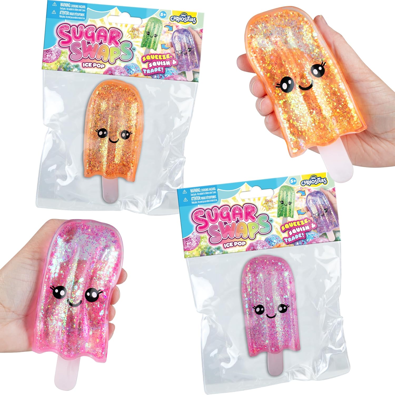 ORB Sugar Swaps Ice Pop Popsicle Squishy Toy 2 Pack - Pink and Orange Popsicle Sugar Squishies to Stretch, Squeeze, Collect, Trade - Fun Stress Relief Popsicle Fidget Squishy Toys for Kids and Adults