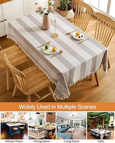 Miniatura 5 de AmHoo Mantel rectangular de lino y algodón con borlas y costuras a rayas, a prueba de polvo, para cocina, comedor, 54 x 70 pulgadas, color beige