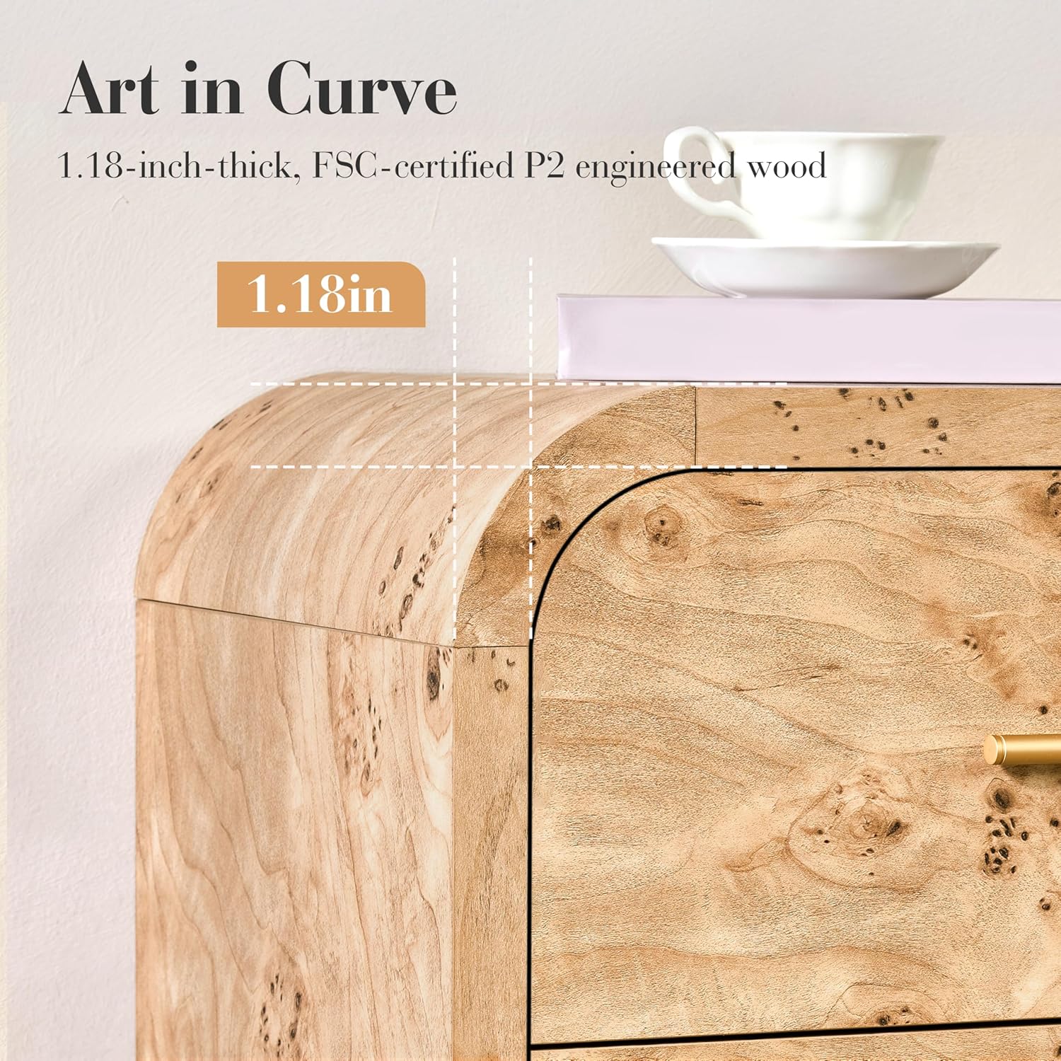 Curved 9-Drawer Dresser for Bedroom, 63" Wide Modern Chest of Drawers, Vanity Desk TV Stand for Living Room, Closet Storage Drawers Organizer Furniture, Nursery, Hallway, Light Burl Light Burl 9-Drawer